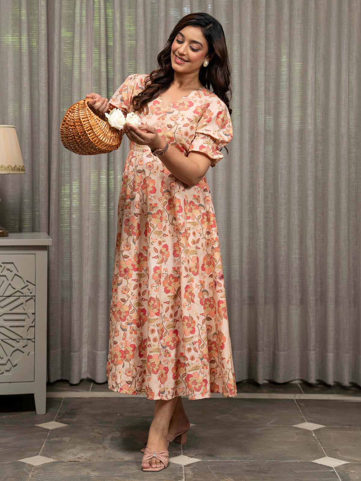 Blend Cotton Floral Flared Multicolor Dress