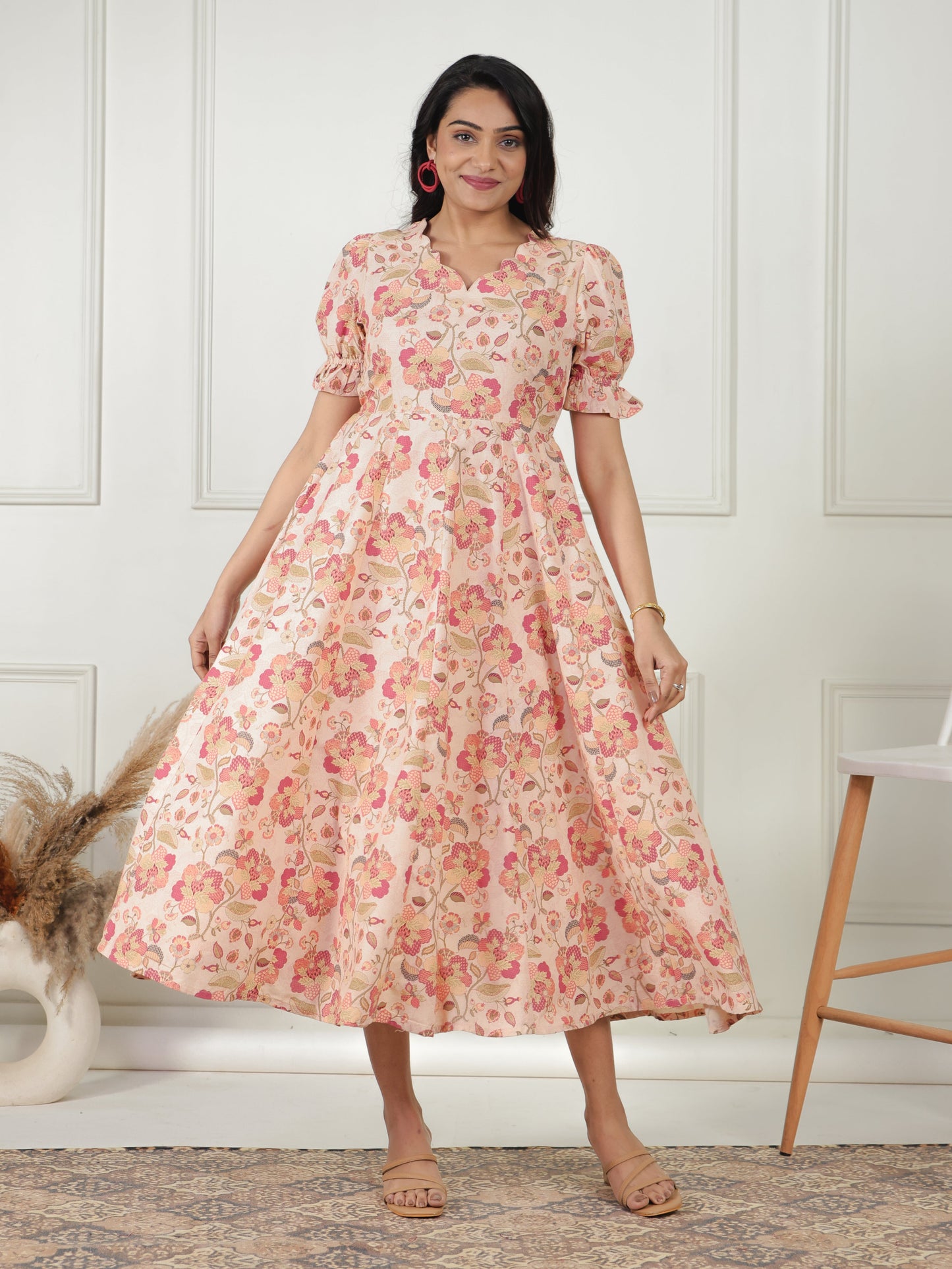 Blend Cotton Floral Flared Multicolor Dress