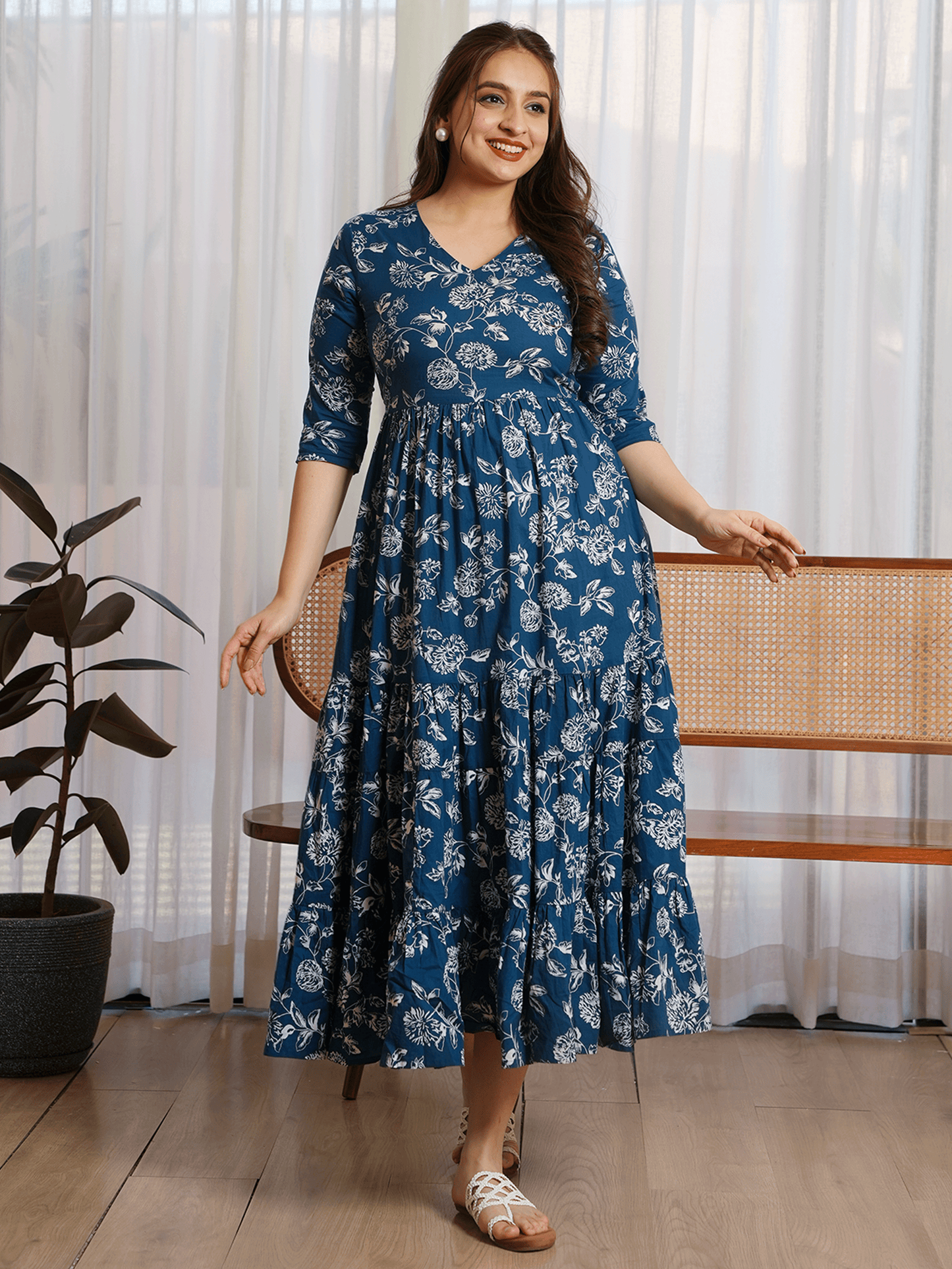 Soft Cotton Floral Tiered Blue Dress