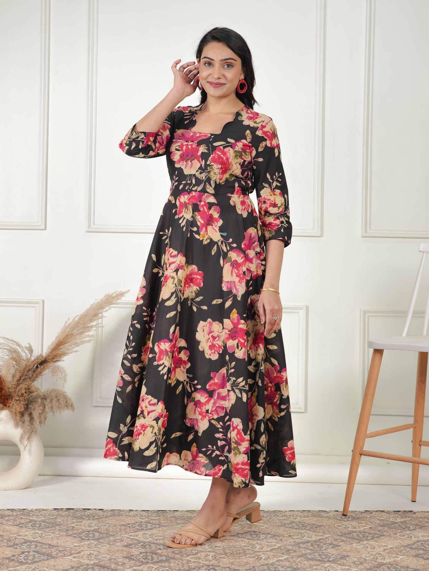 Soft Cotton Floral Anarkali Black Dress
