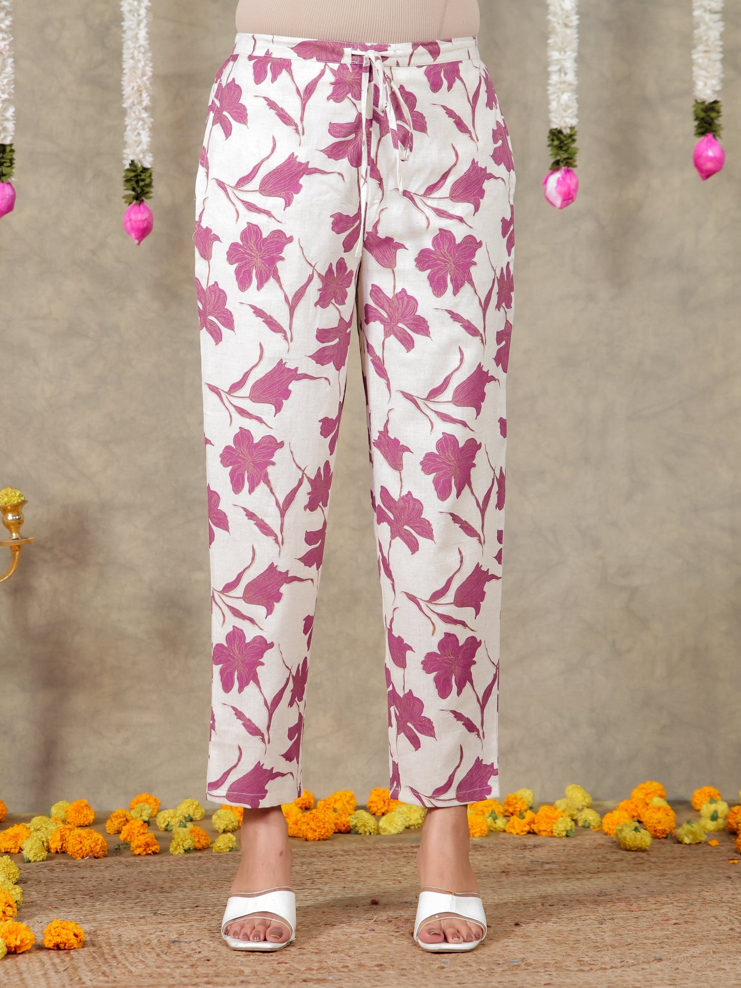 Linen Cotton Floral Off White Tapered Trousers