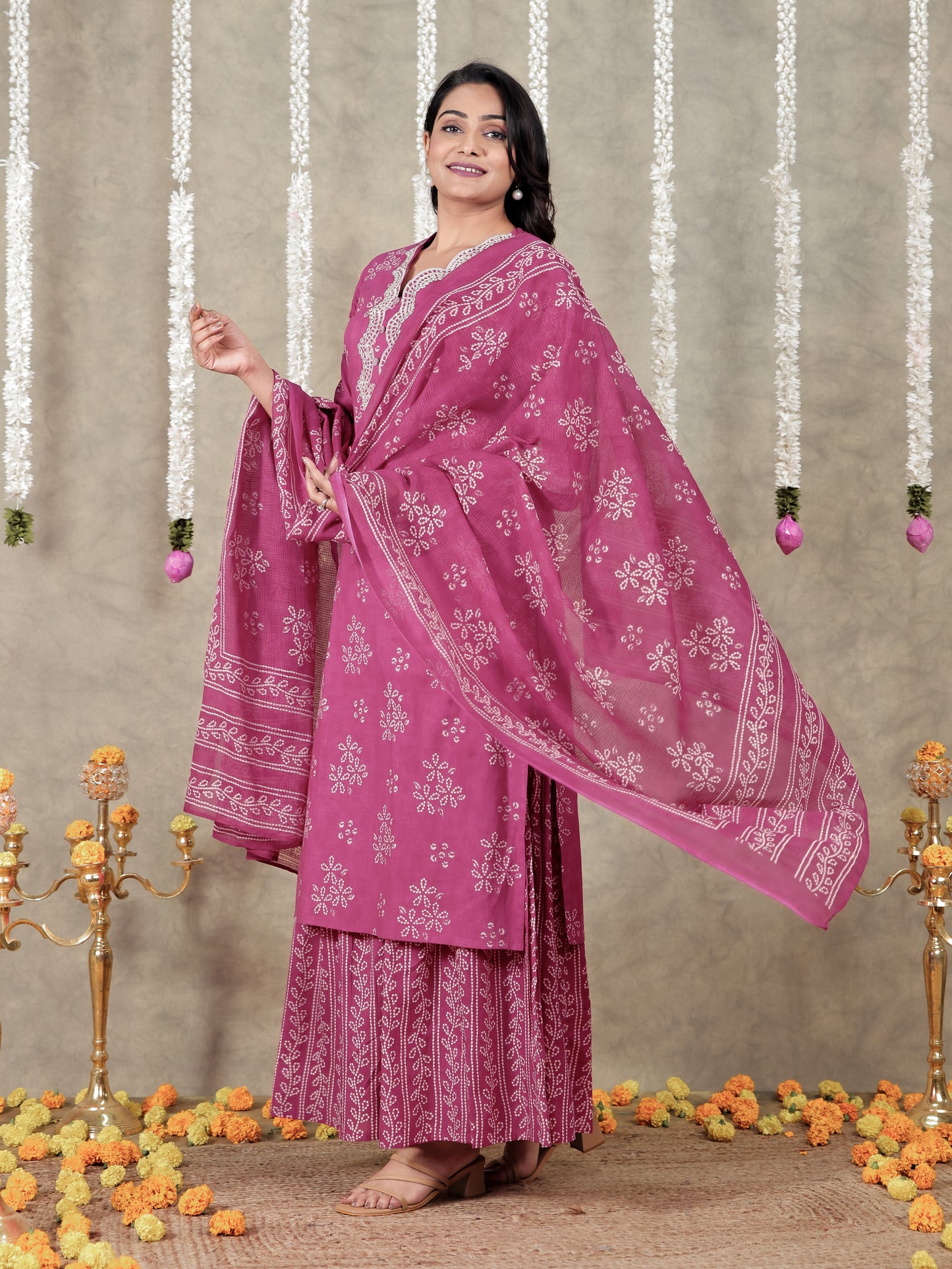 Kota Doria Floral Pink Dupatta