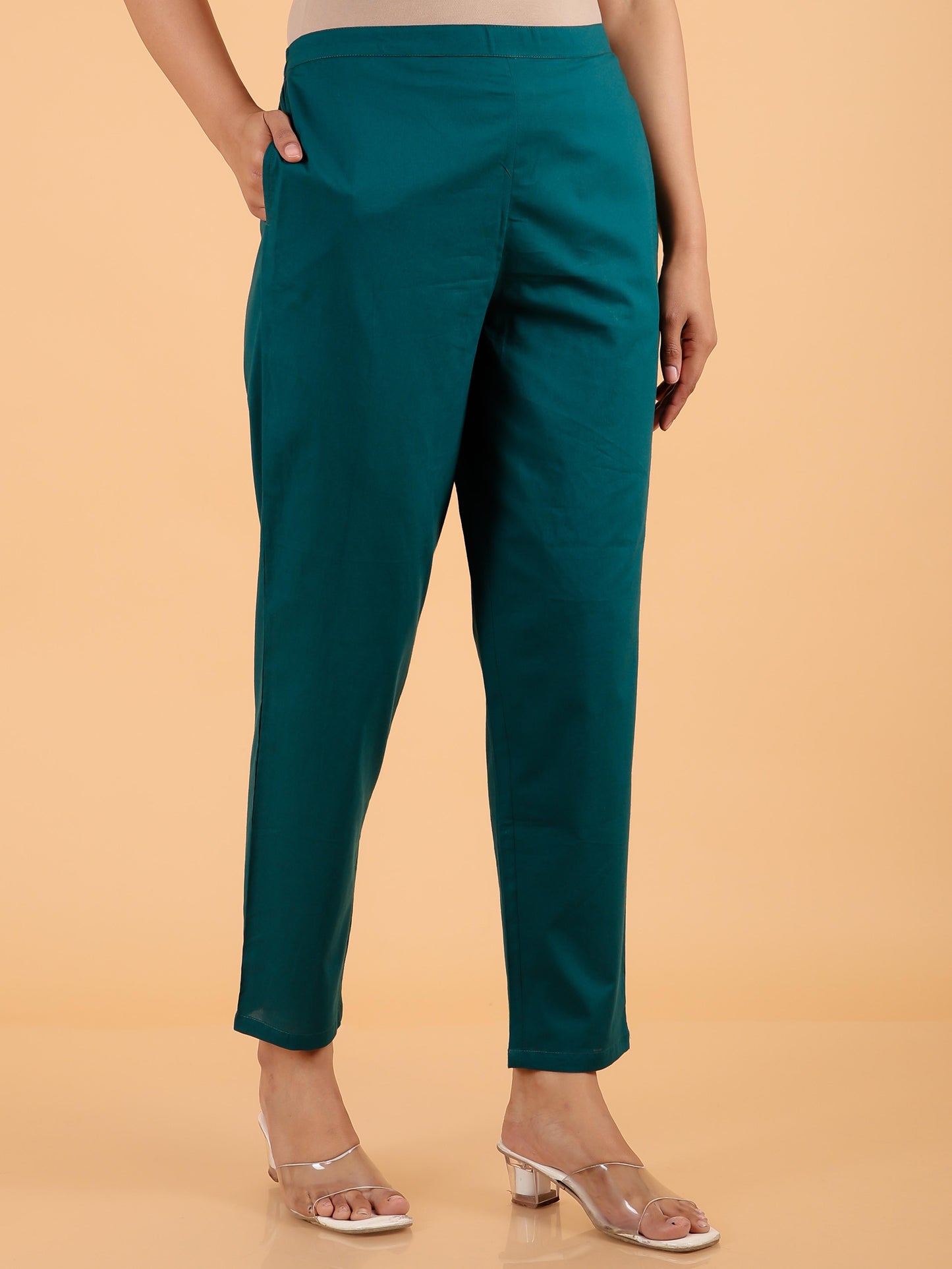 Soft Cotton Solid Green Tapered Trousers