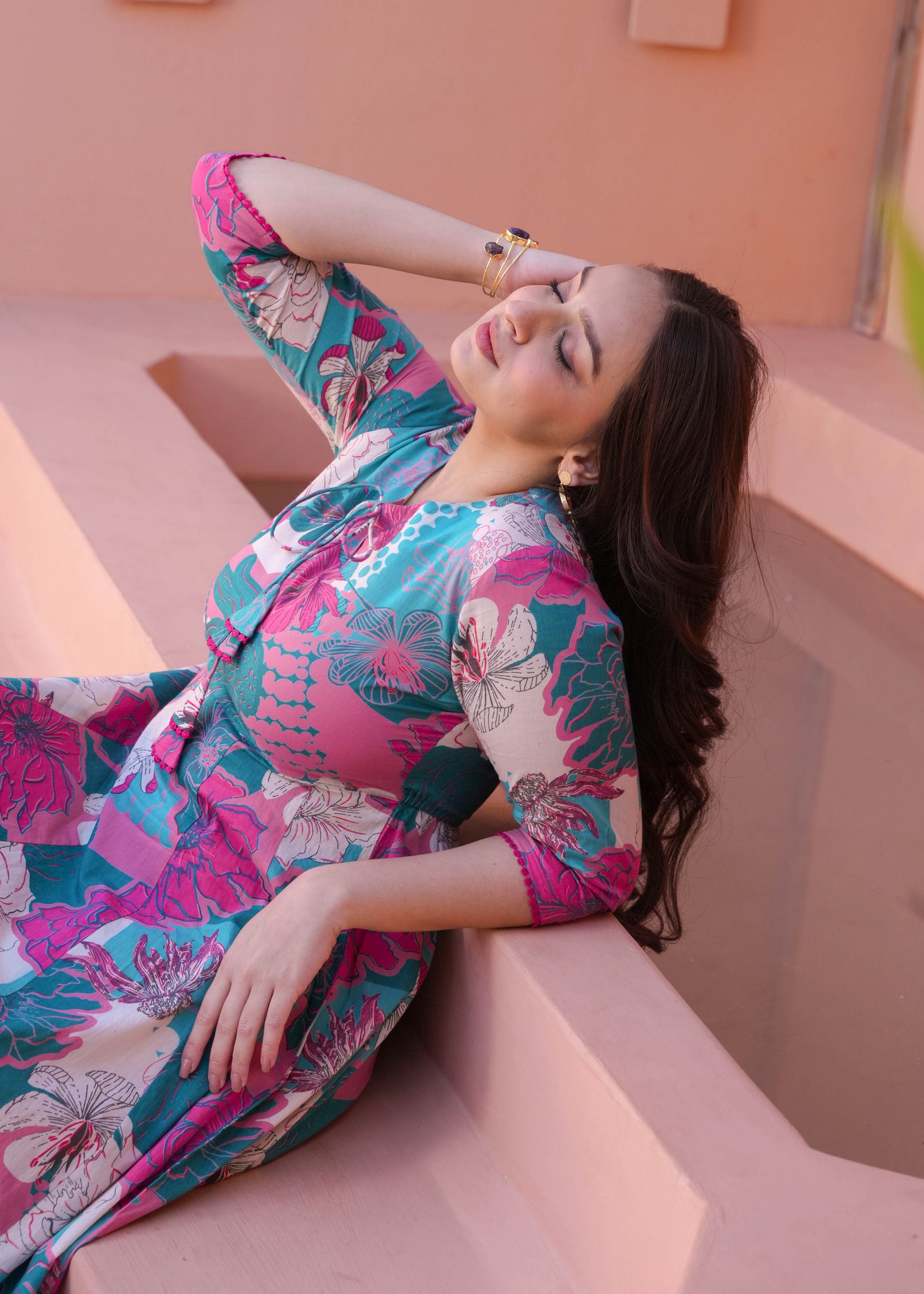Soft Cotton Floral Anarkali Turquoise Dress