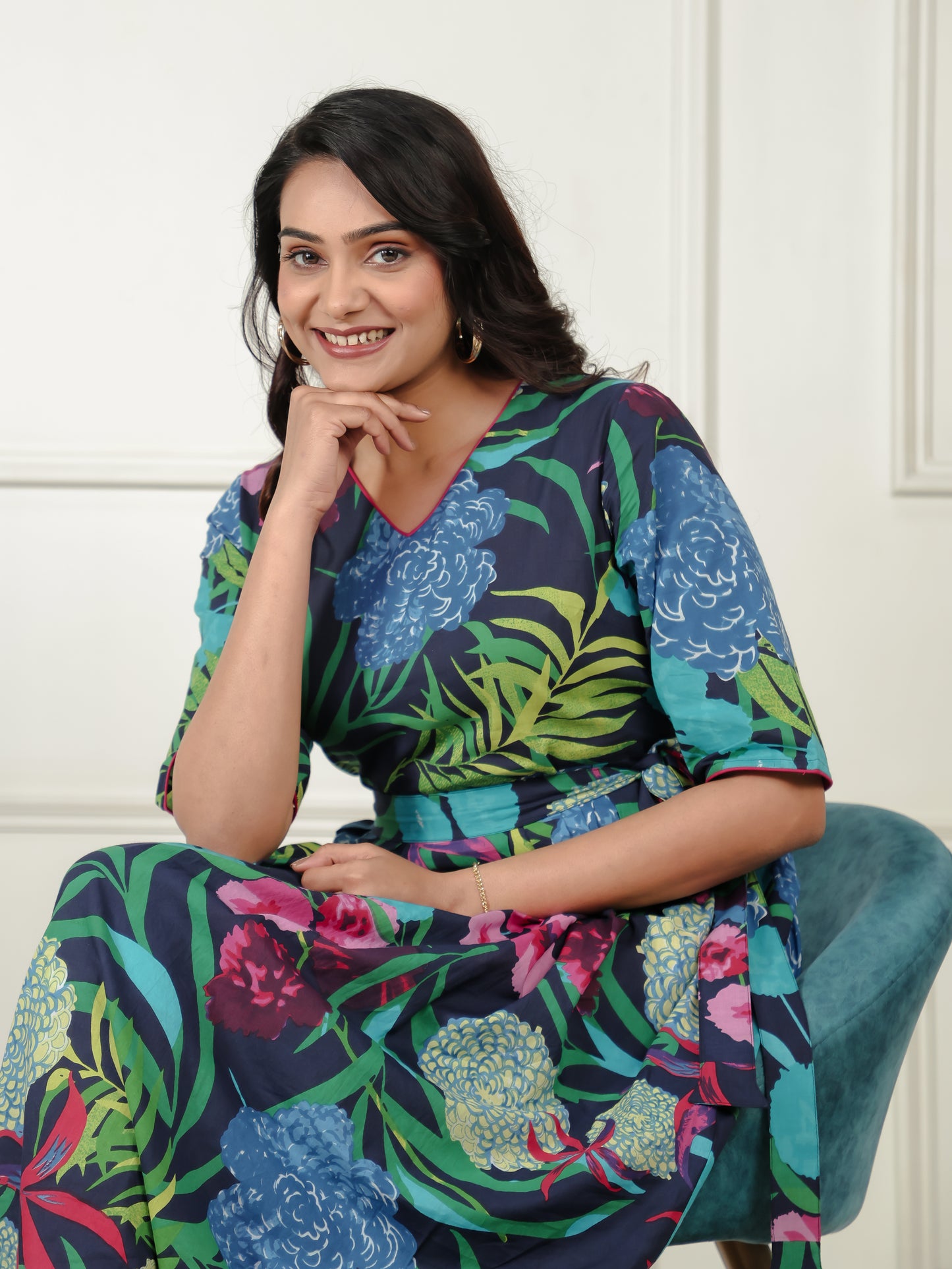 Soft Cotton Foliage Flared Multicolor Dress