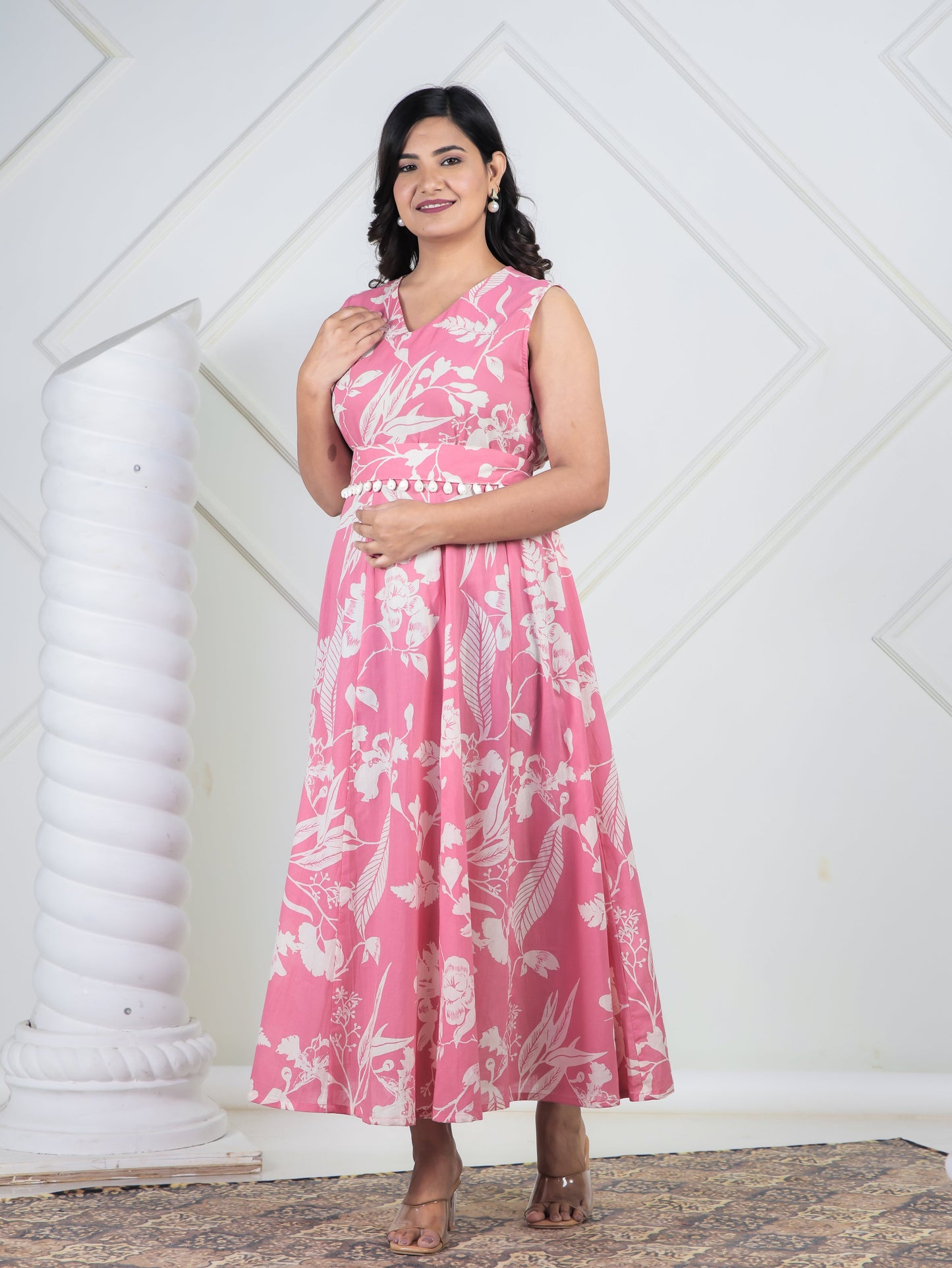 Soft Cotton Floral Flared Pink Dress