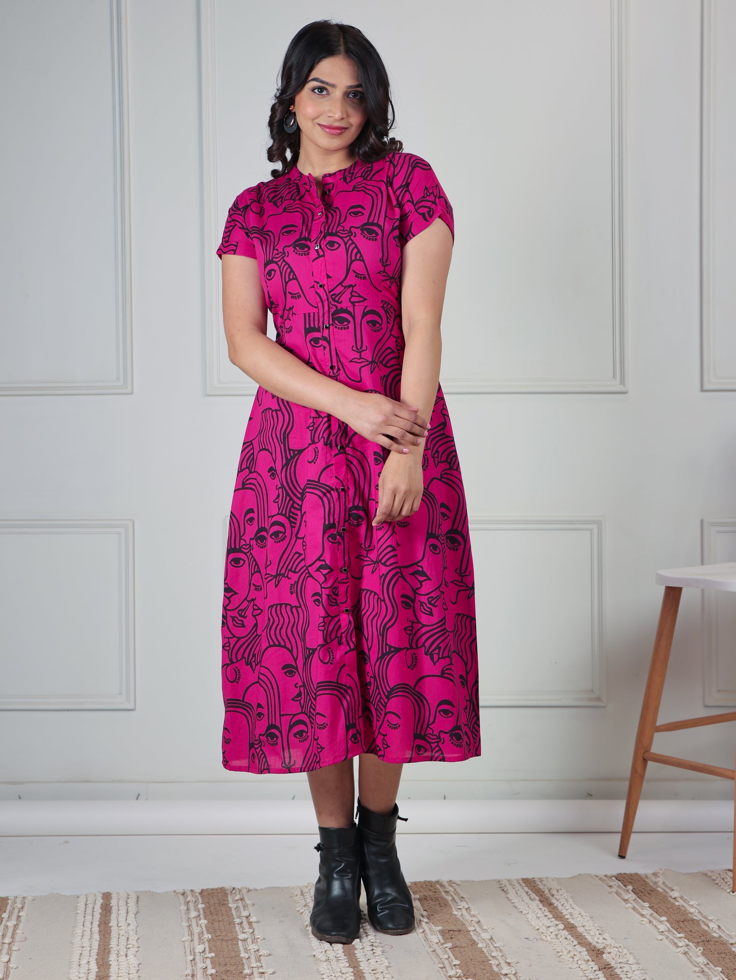 Soft Cotton Abstract A-line Pink Dress