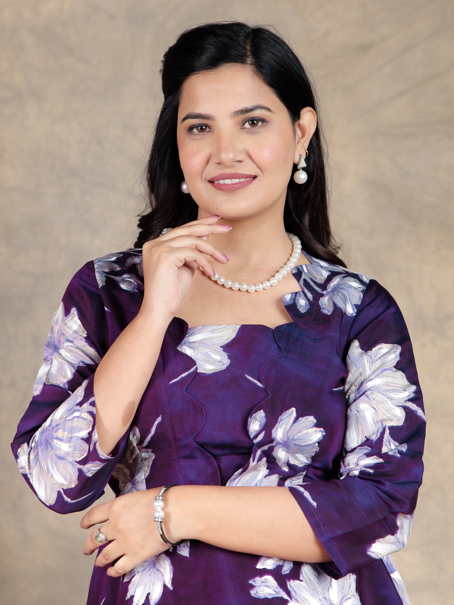 Blended Silk Floral Flared Purple Dress