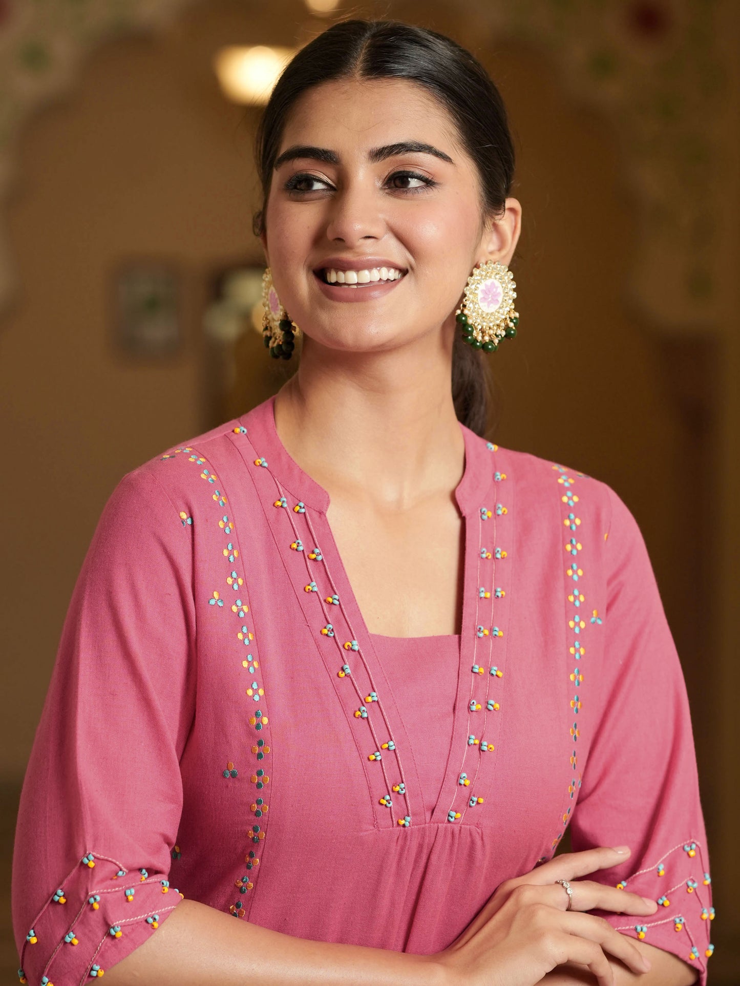 Embroidered Linen Cotton Solid A-line Pink Kurta