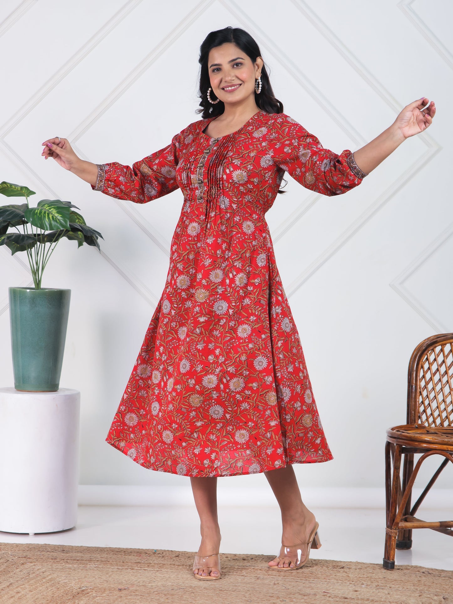 Soft Cotton Floral A-line Red Dress