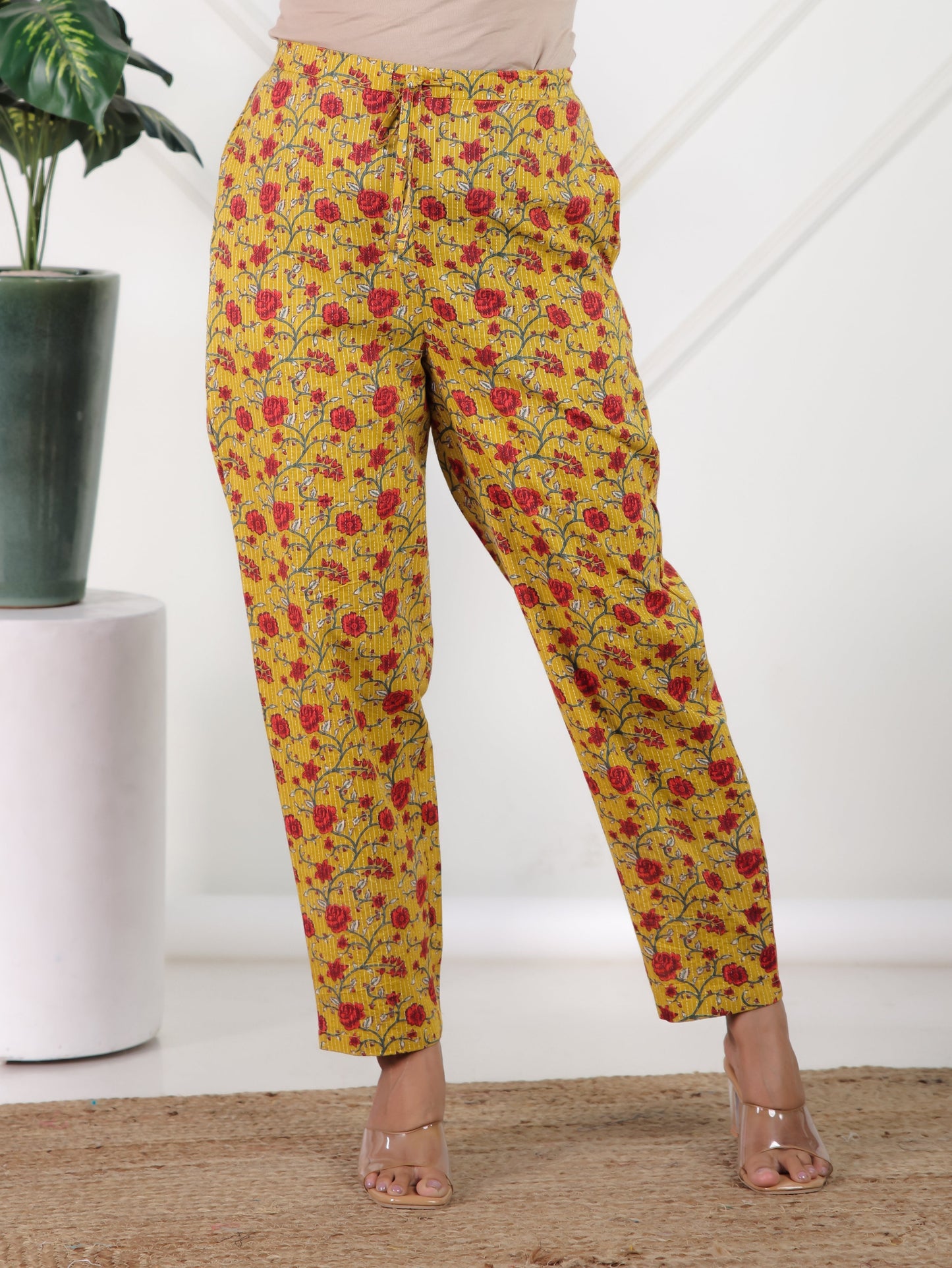 Kantha Cotton Floral Yellow Tapered Trousers