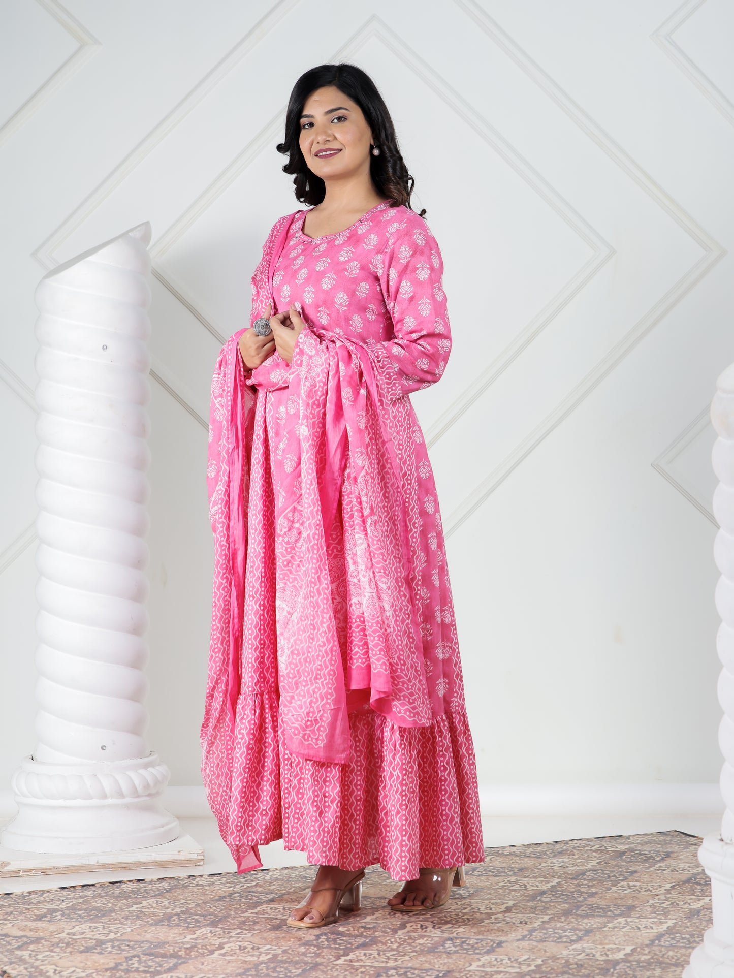 Embroidered Soft Cotton Floral Anarkali Pink Kurta