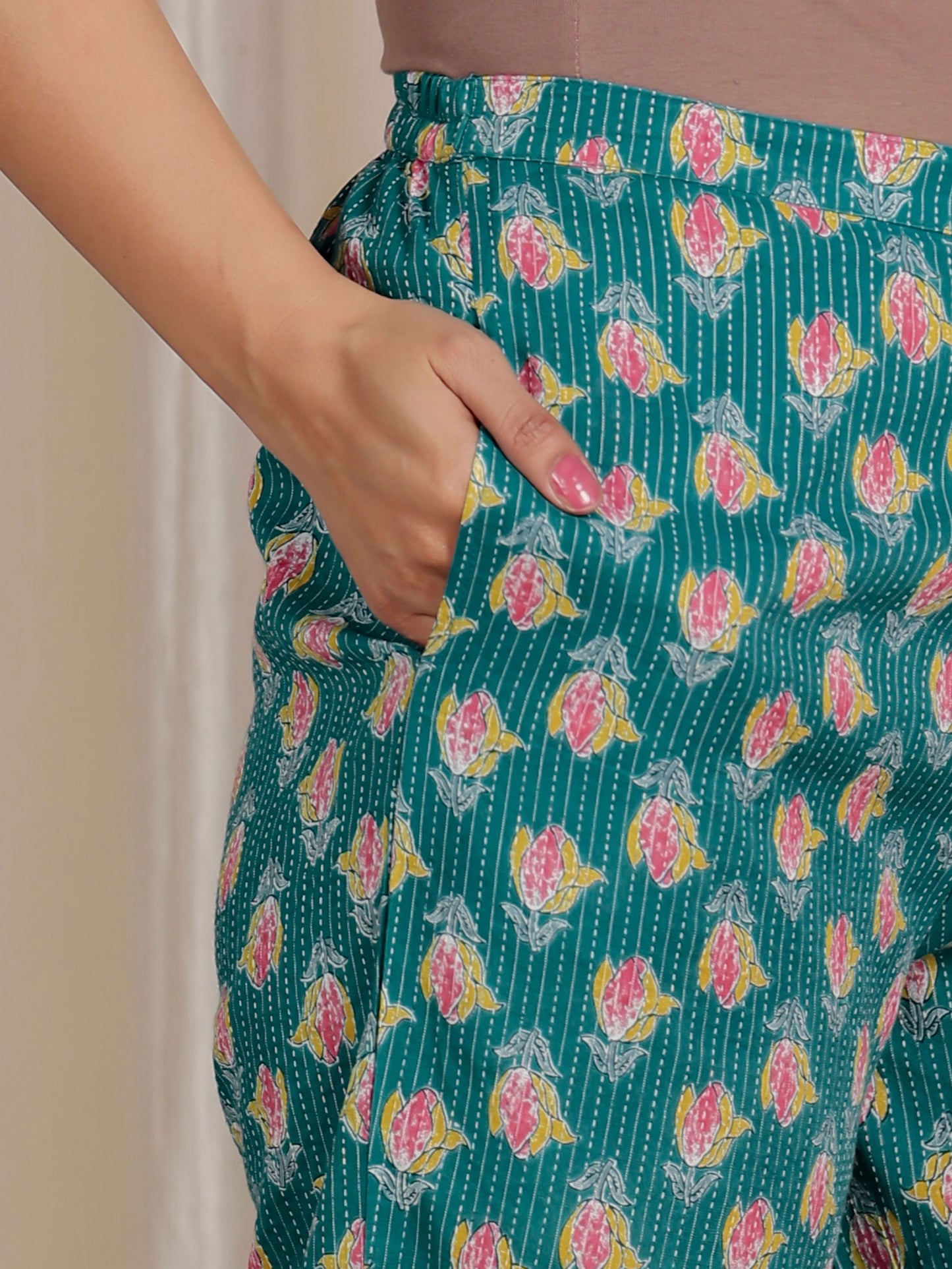 Embroidered Kantha Cotton Floral Anarkali Teal Kurta