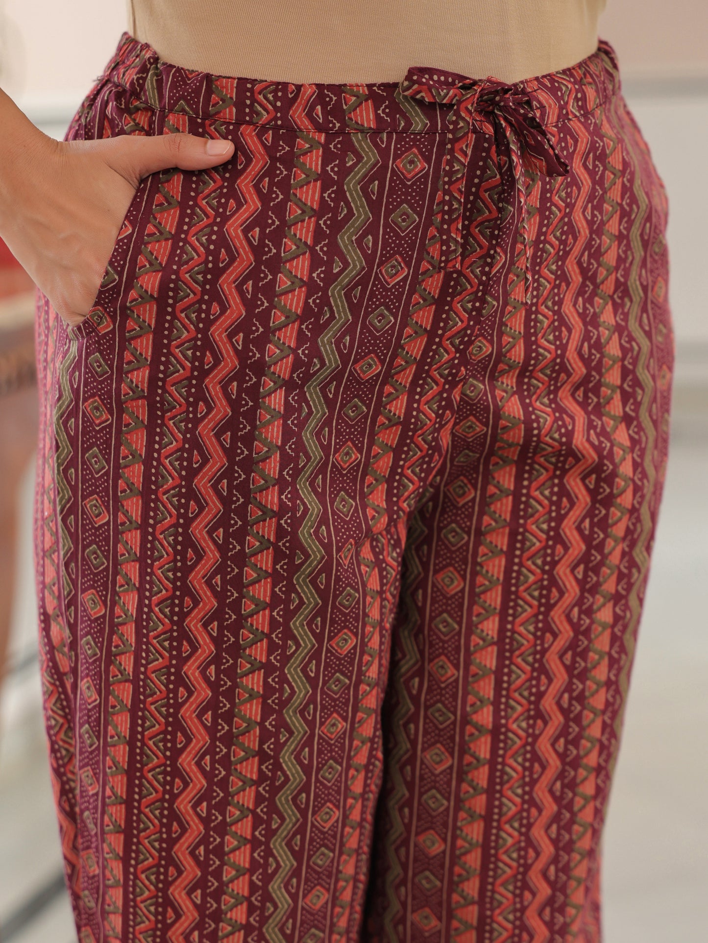Soft Cotton Chevron Maroon Straight Trousers