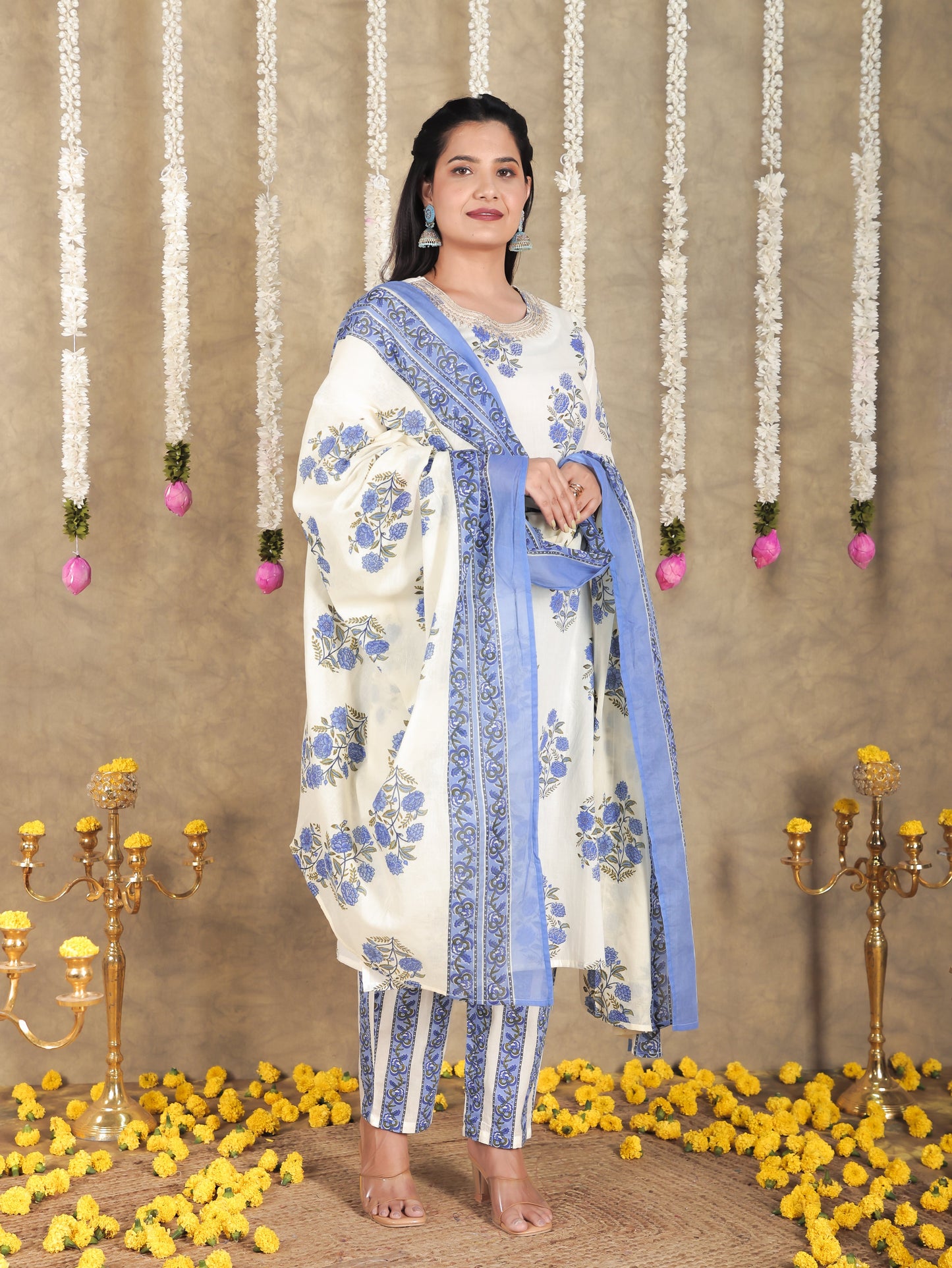 Cotton Voile Floral Cream Dupatta