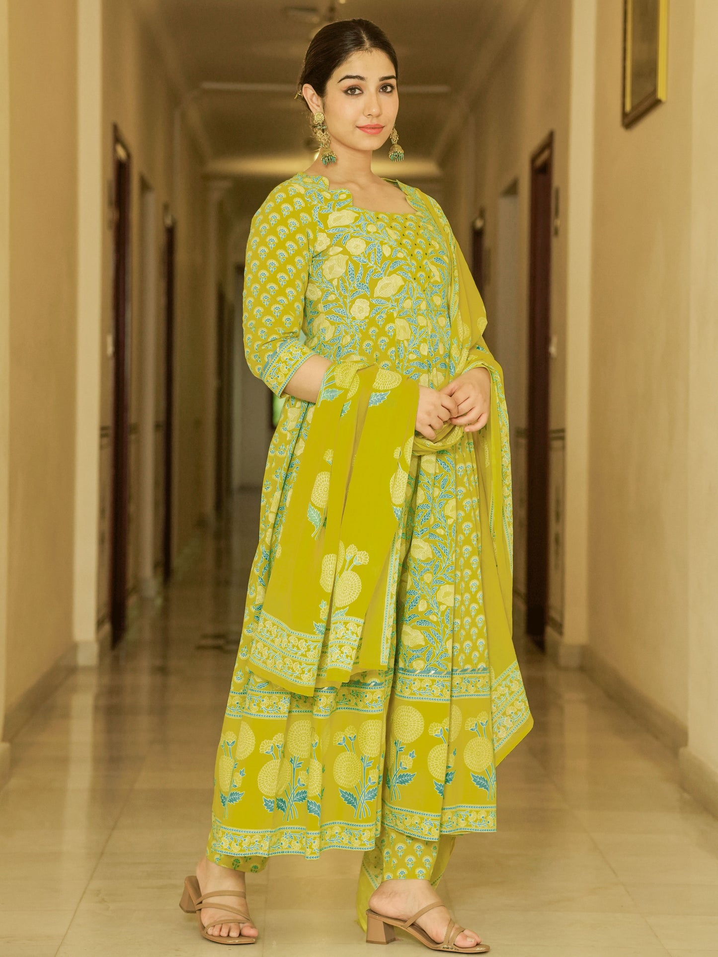Embroidered Soft Cotton Floral Flared Lemon Yellow Kurta