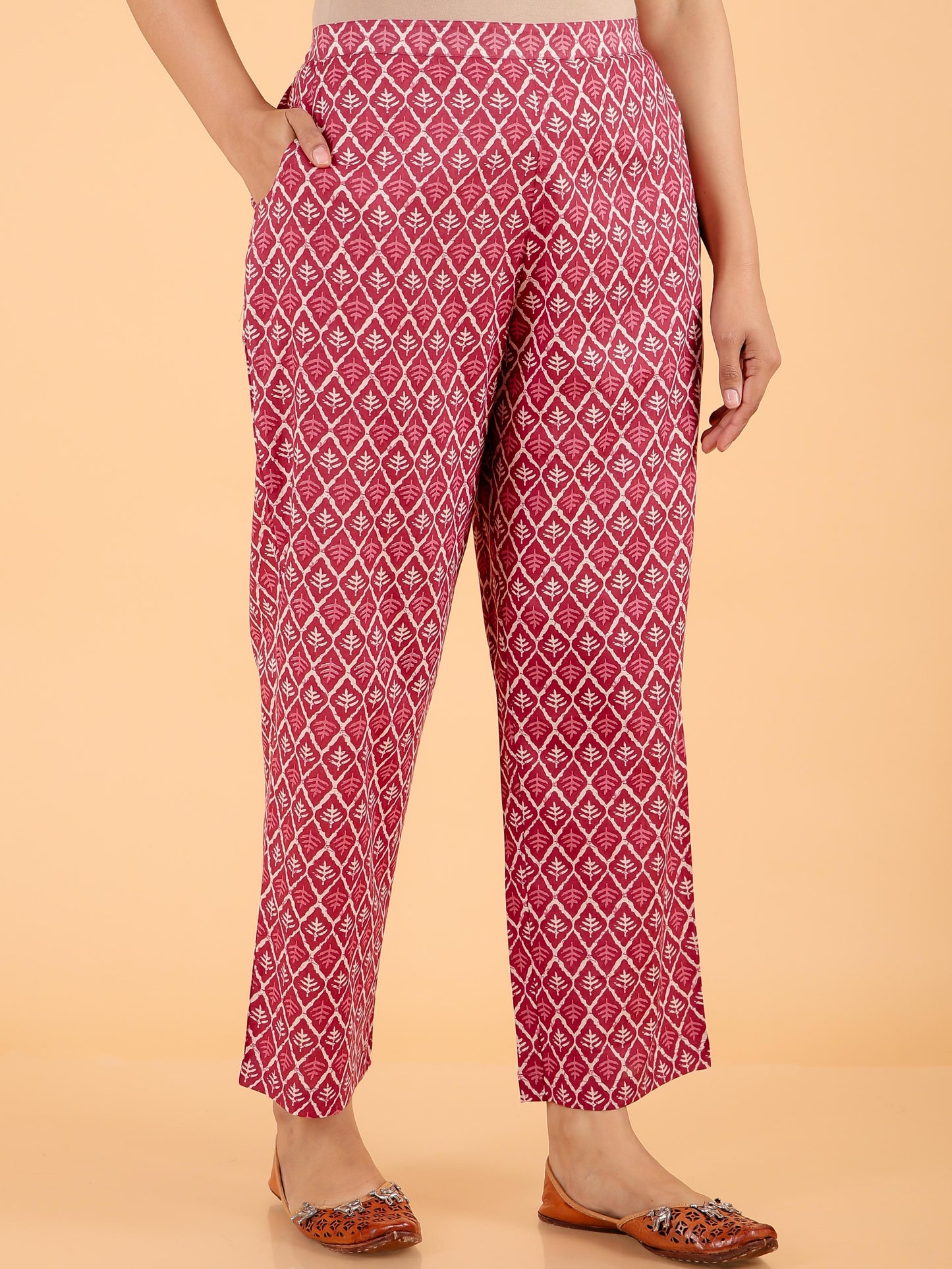 Soft Cotton Geometric Red Tapered Trousers