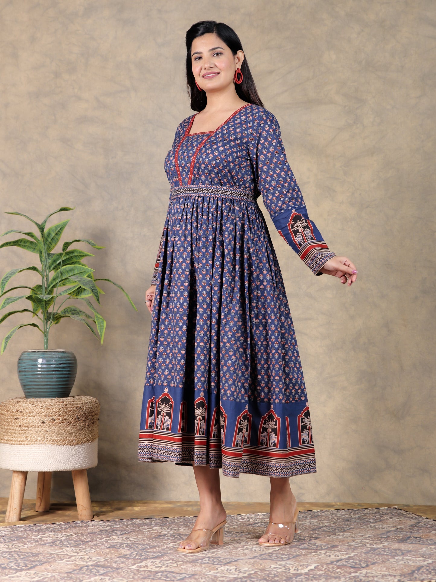 Soft Cotton Butti Anarkali Blue Dress