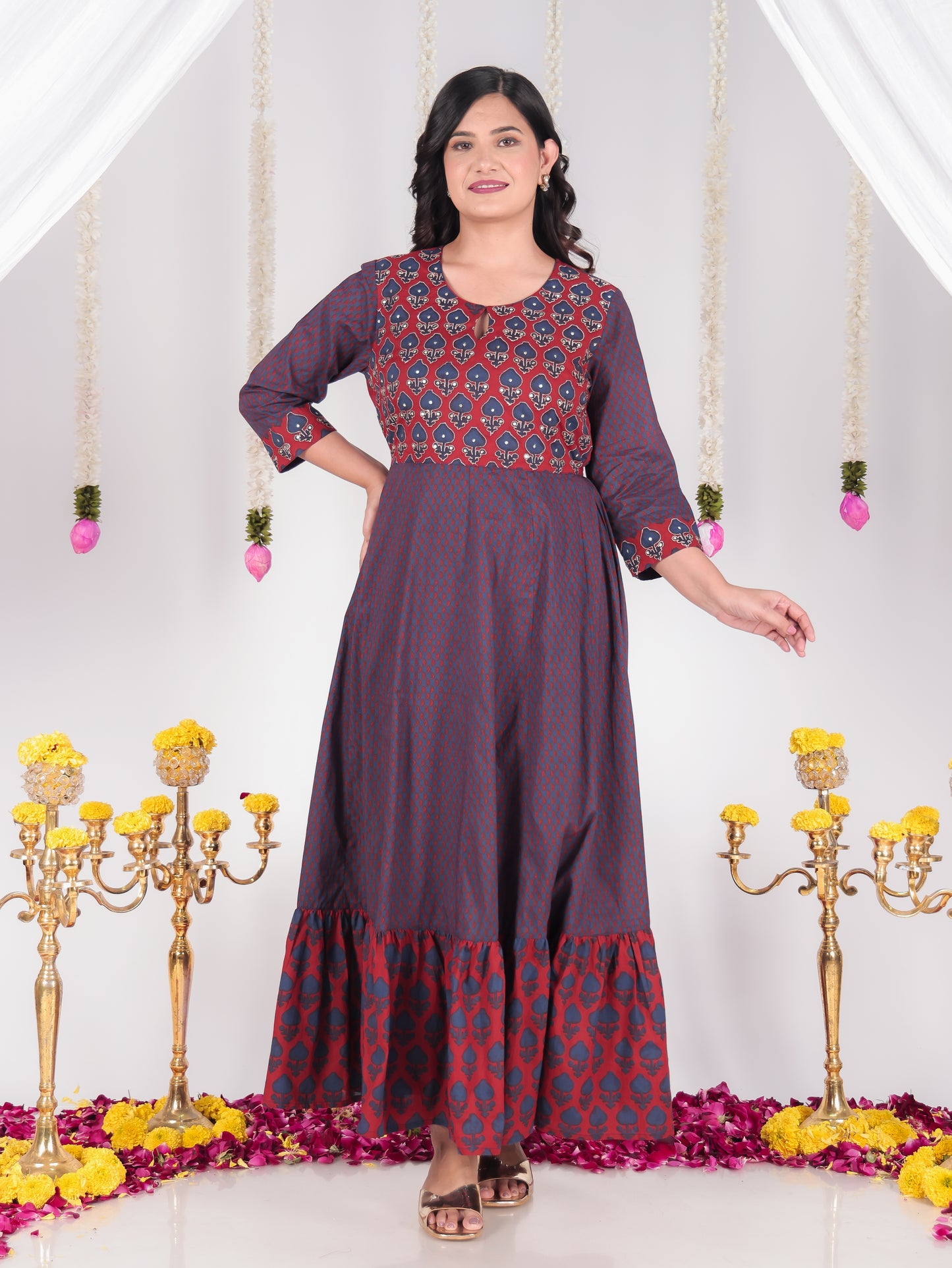 Embroidered Soft Cotton Butti Anarkali Red Dress