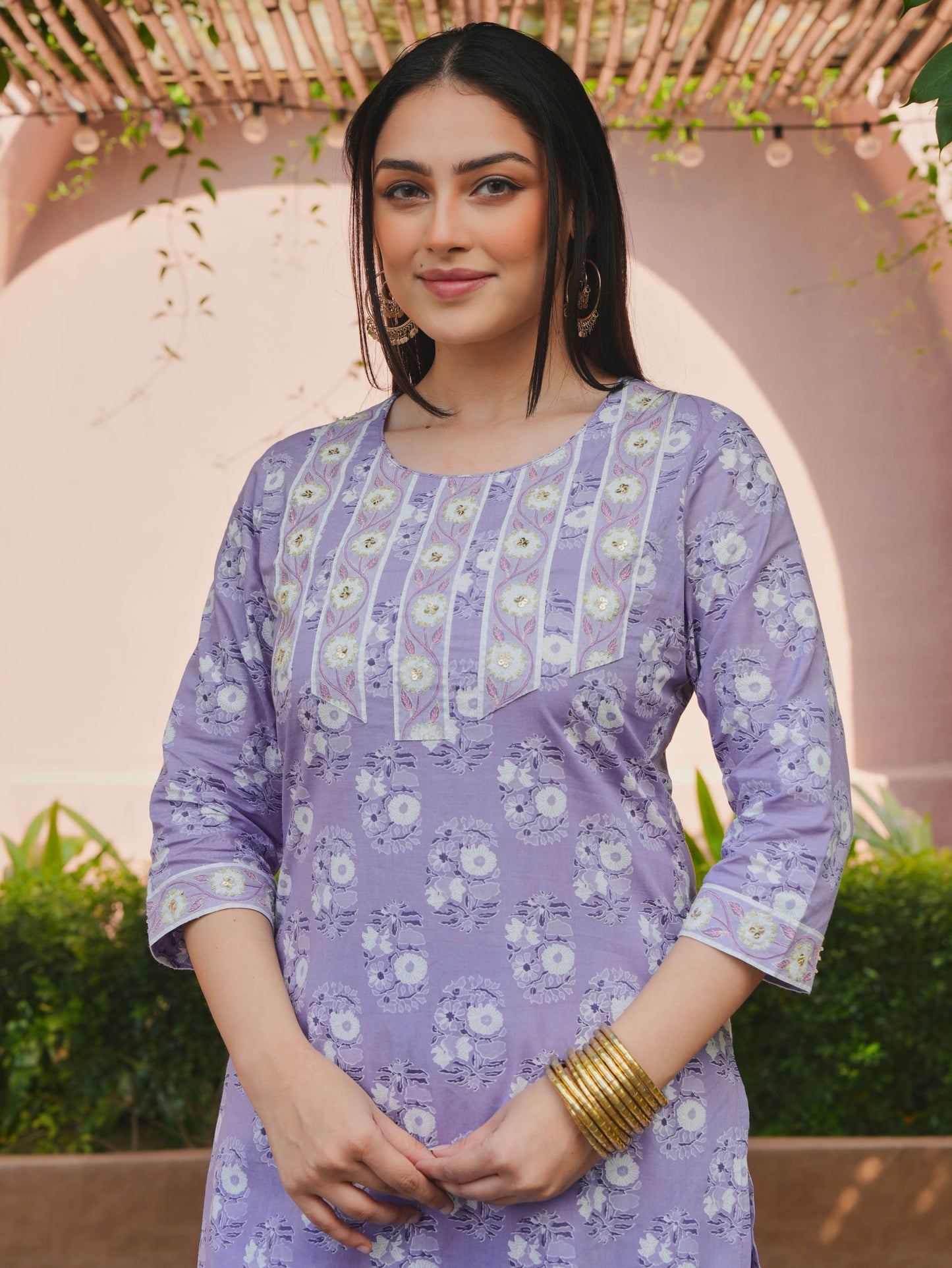 Embroidered Soft Cotton Floral Straight Purple Kurta