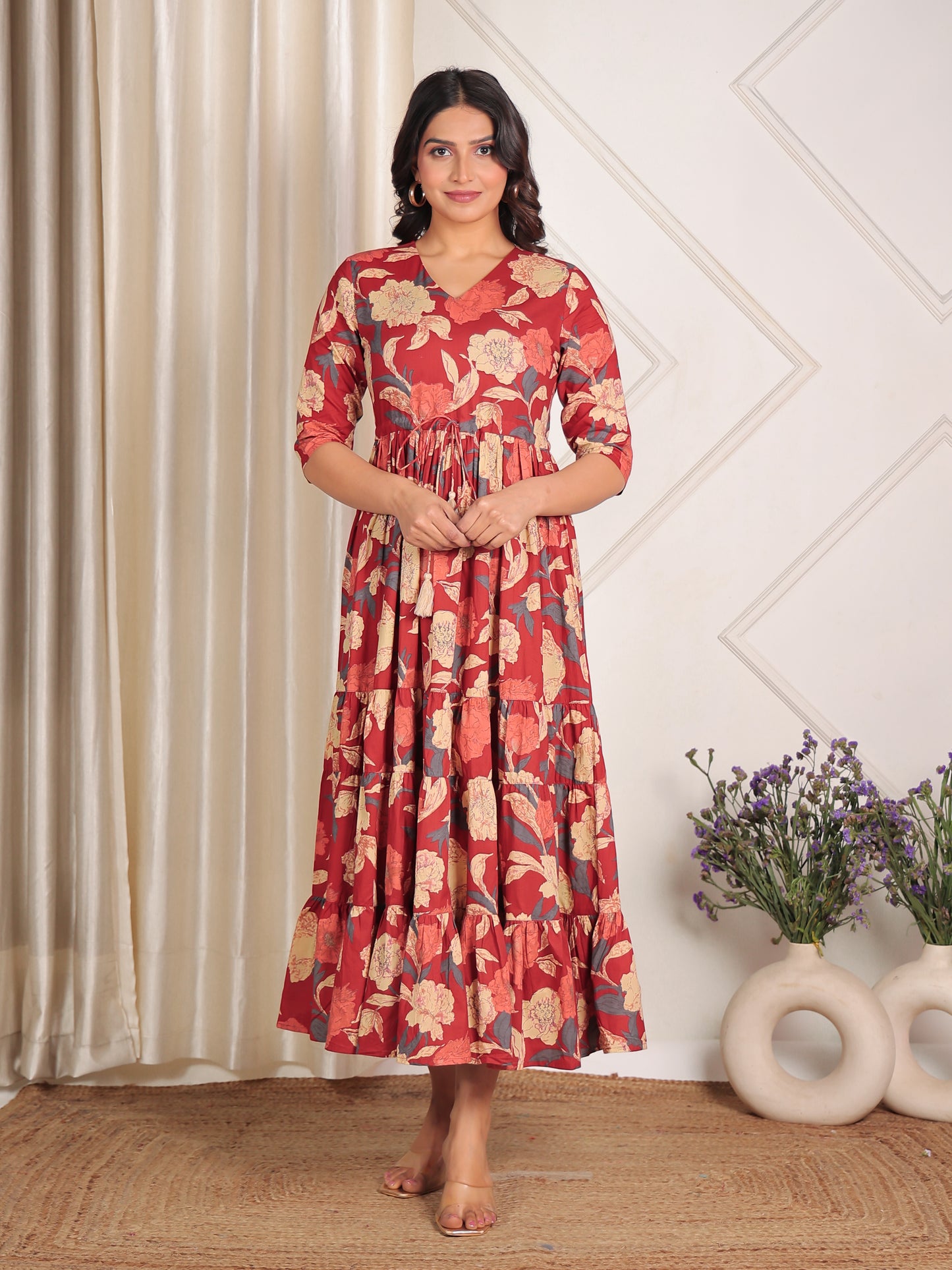 Soft Cotton Floral Anarkali Maroon Dress
