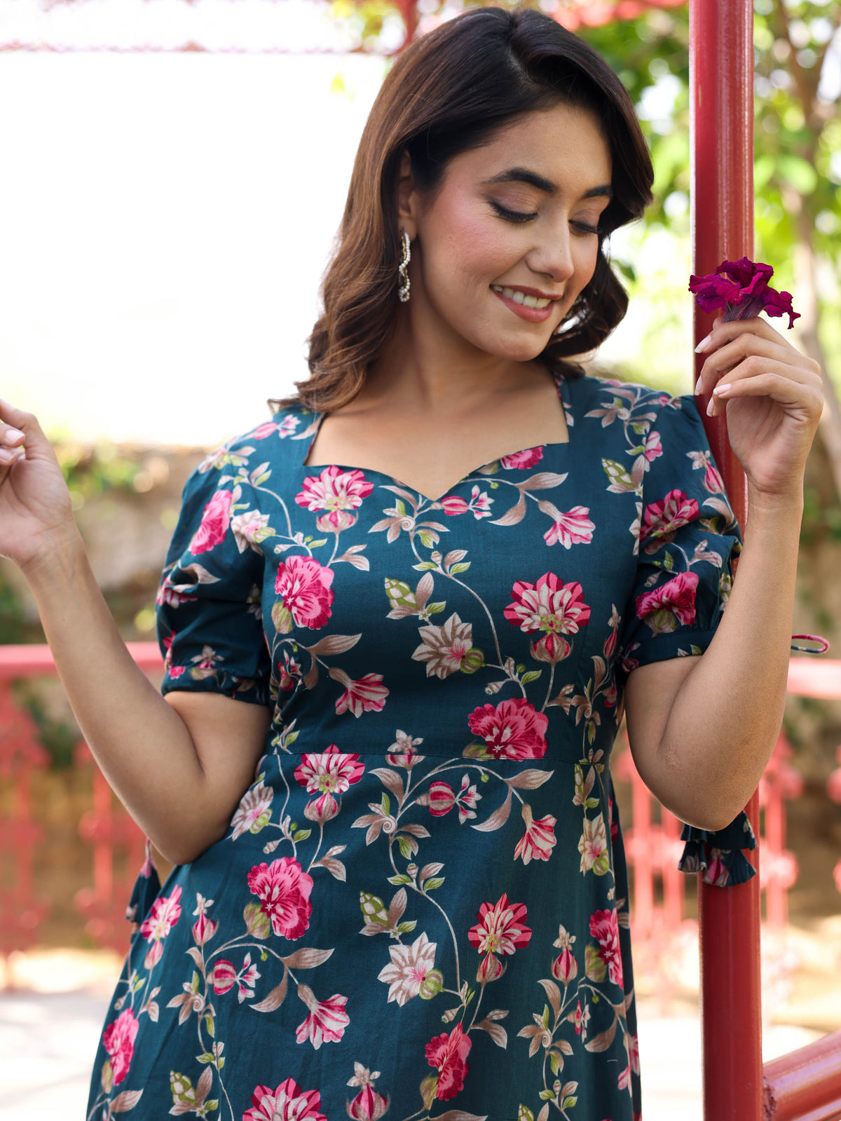 Soft Cotton Floral Flared Green Dress