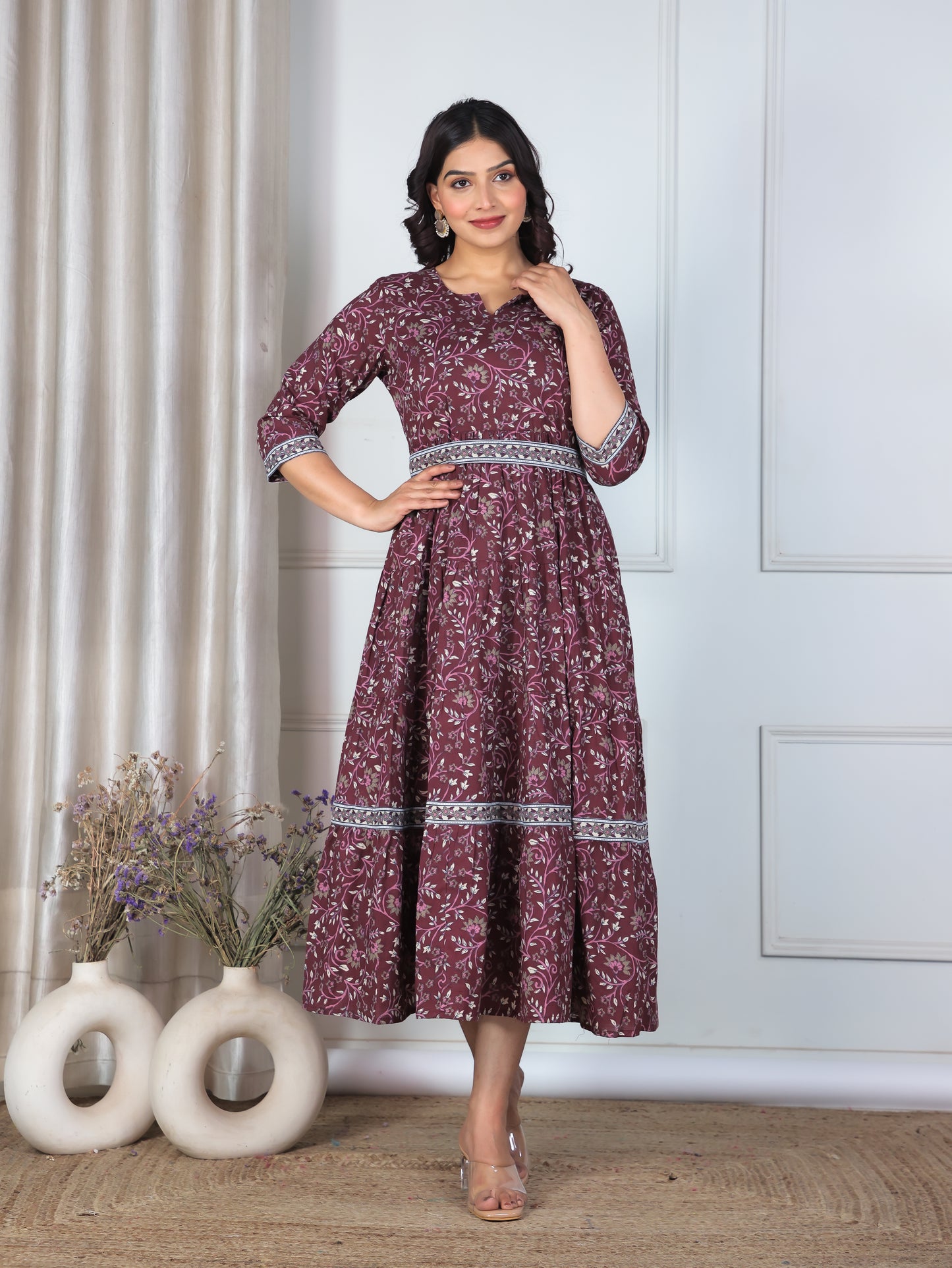 Soft Cotton Floral Anarkali Wine Dress