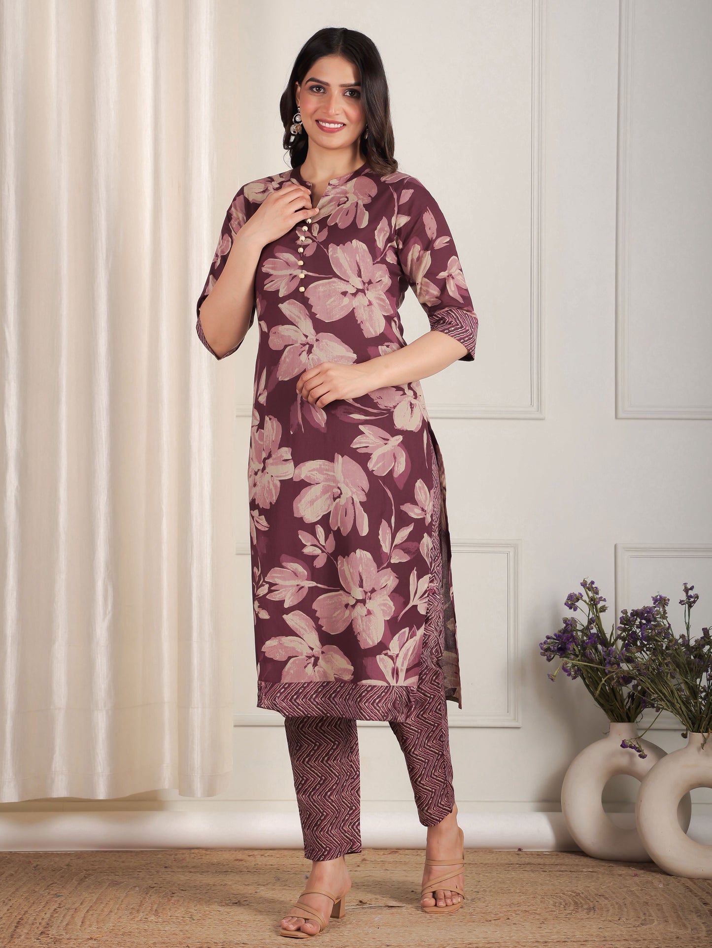 Soft Cotton Floral Straight Purple Kurta