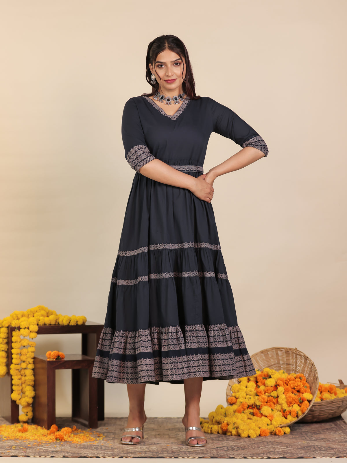 Soft Cotton Solid Anarkali Blue Dress (With Waistbelt)