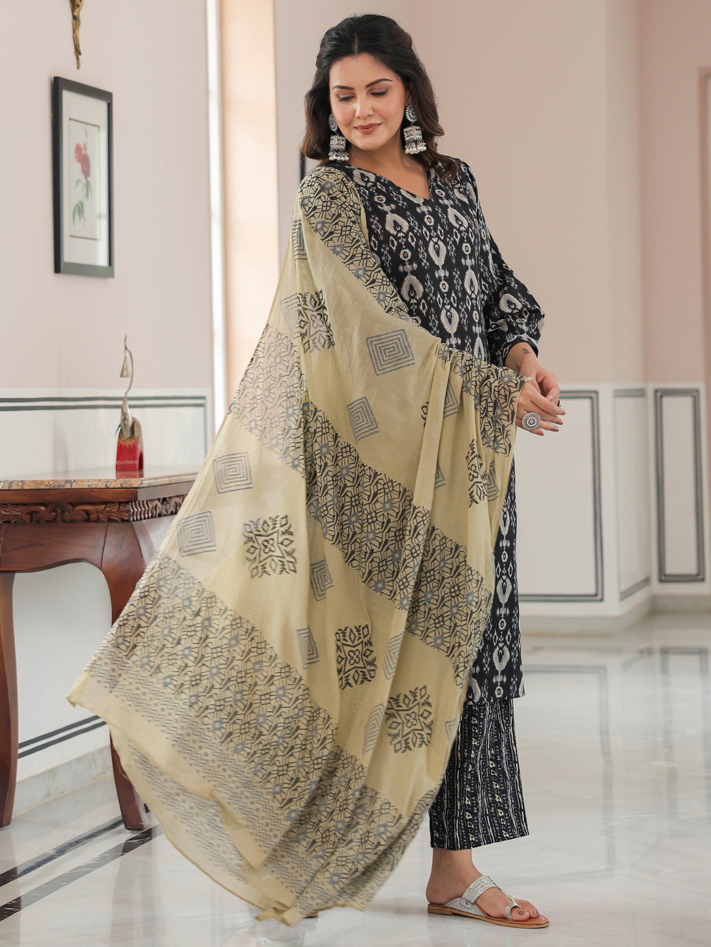 Soft Cotton Ikat Straight Black Kurta