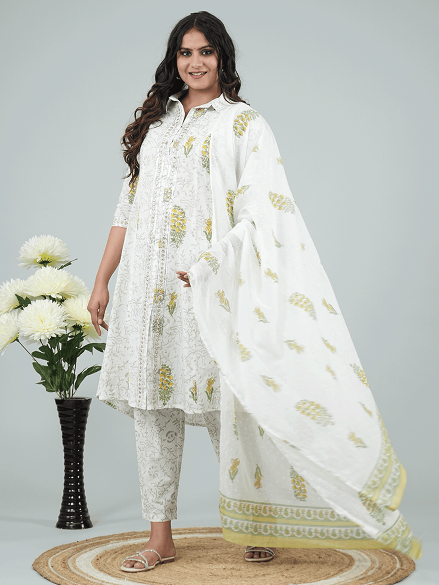 Cotton Voile Floral Grey Dupatta