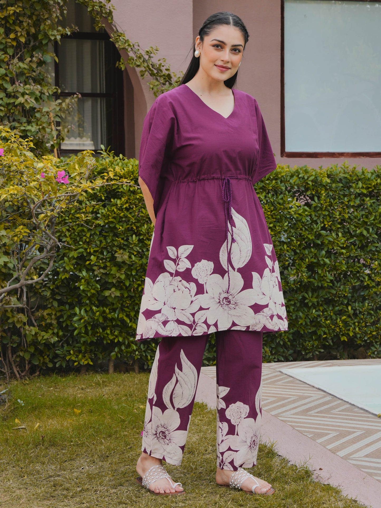 Soft Cotton Placement Print Purple Kaftan