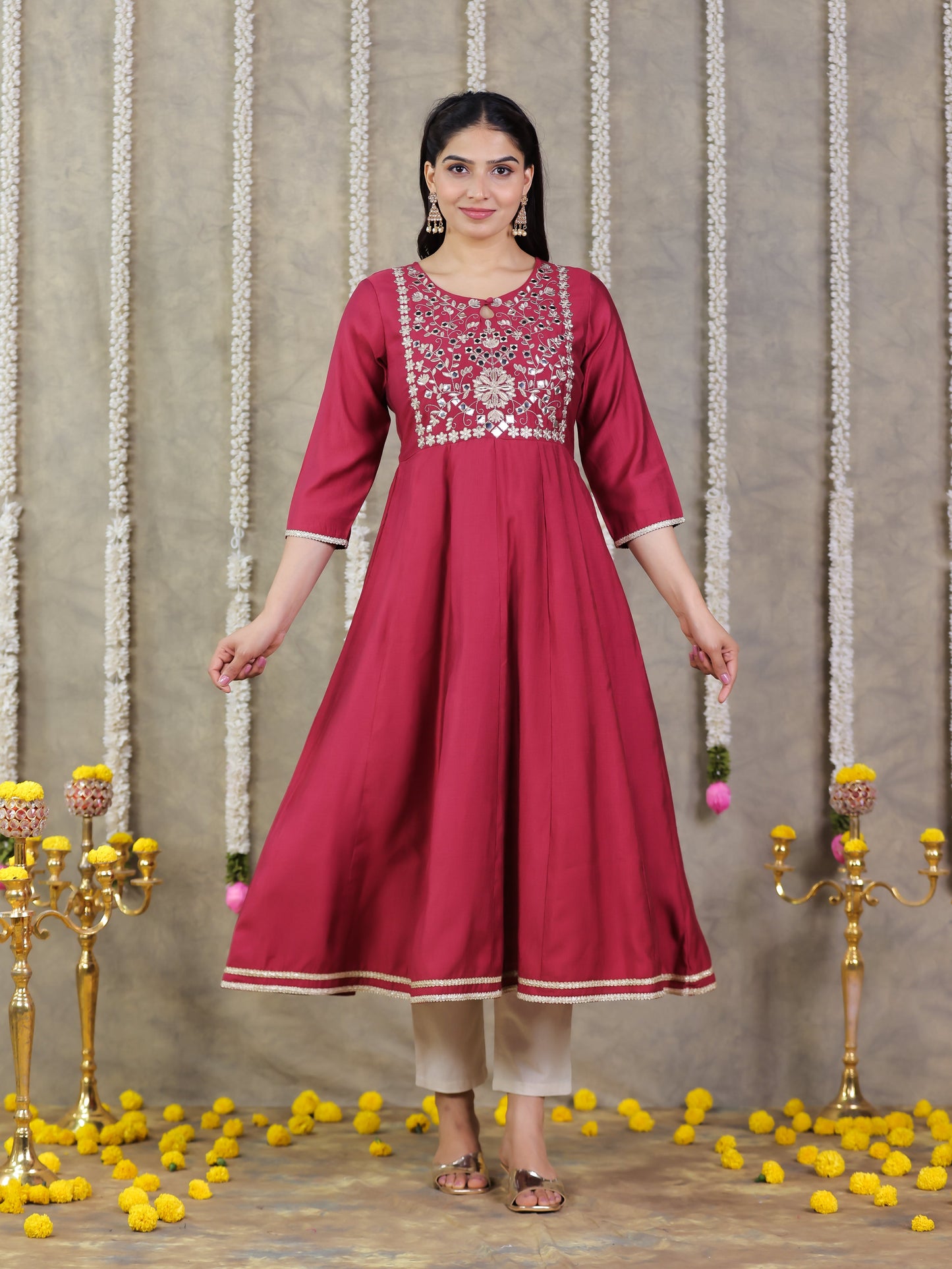Embroidered Blended Silk Solid Anarkali Maroon Kurta