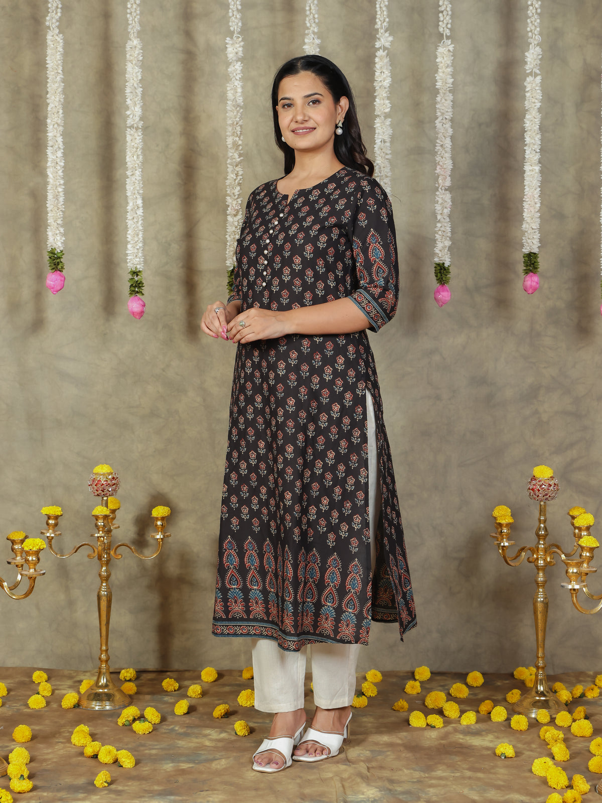 Soft Cotton Butti A-line Black Kurta