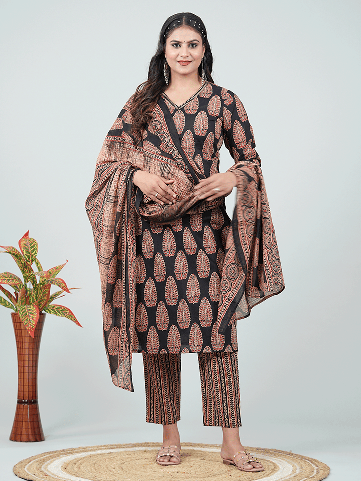Soft Cotton Ajrakh Straight Black Kurta
