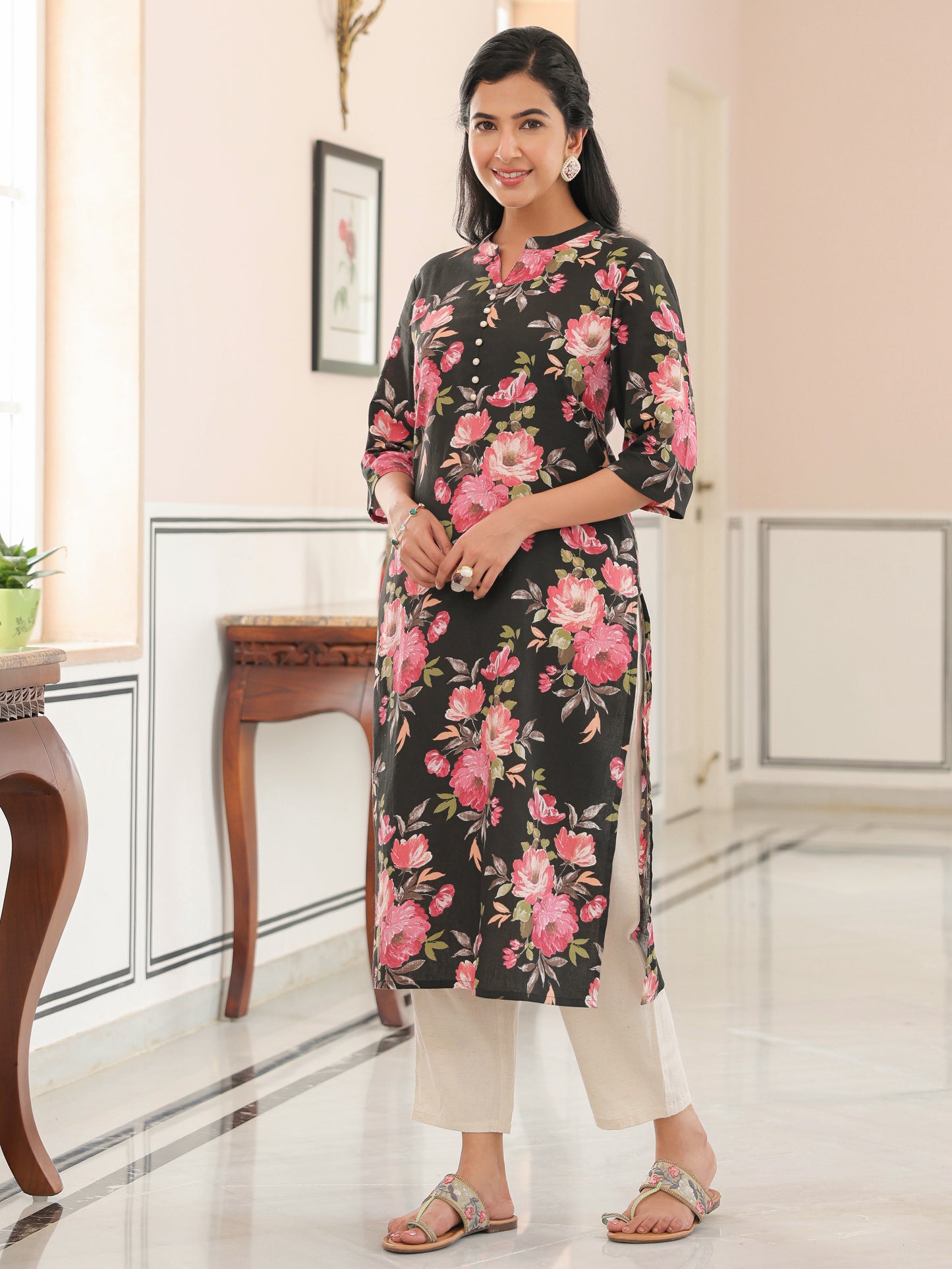 Linen Cotton Floral Straight Black Kurta