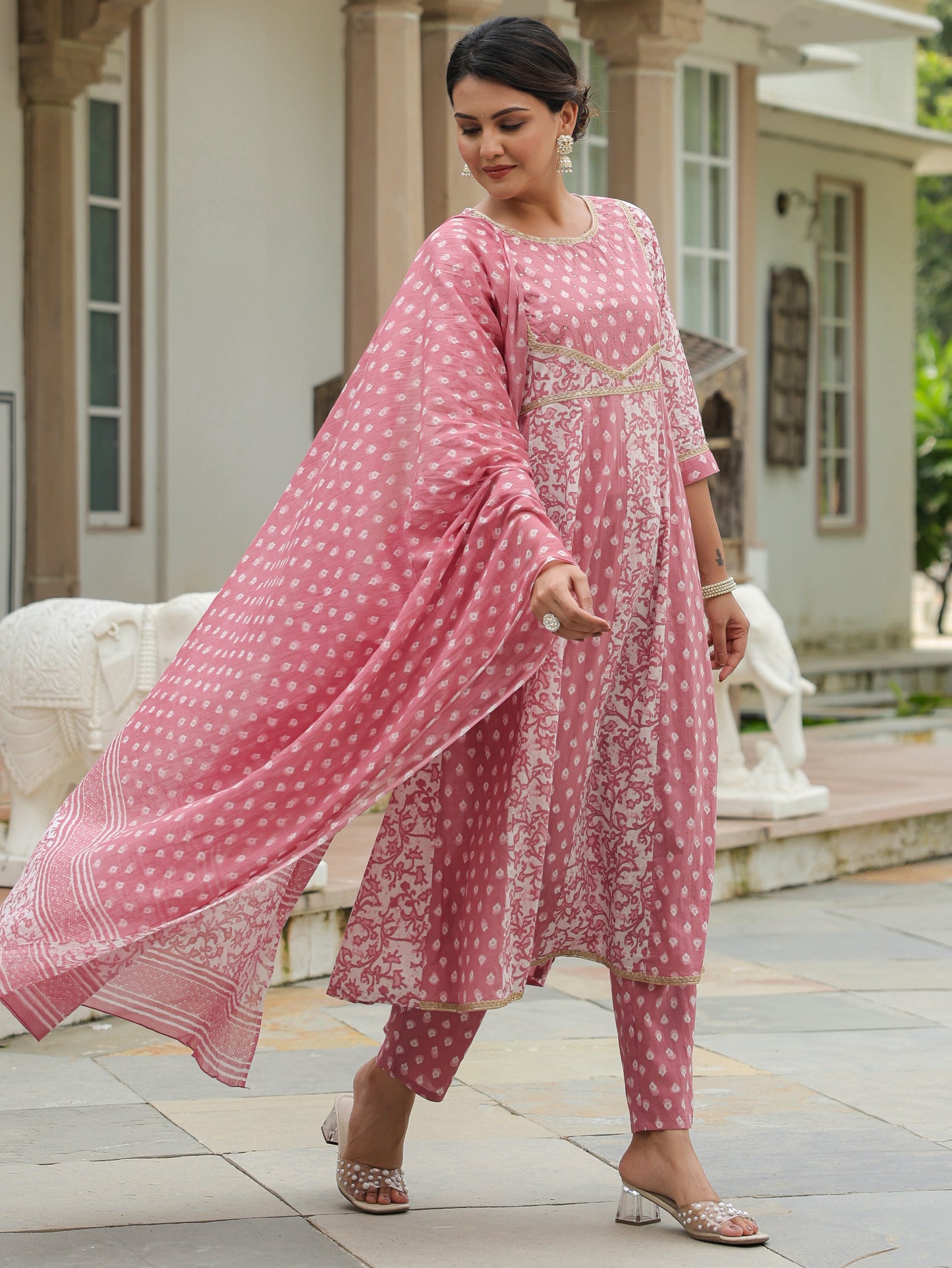 Embroidered Soft Cotton Block Print Anarkali Pink Kurta