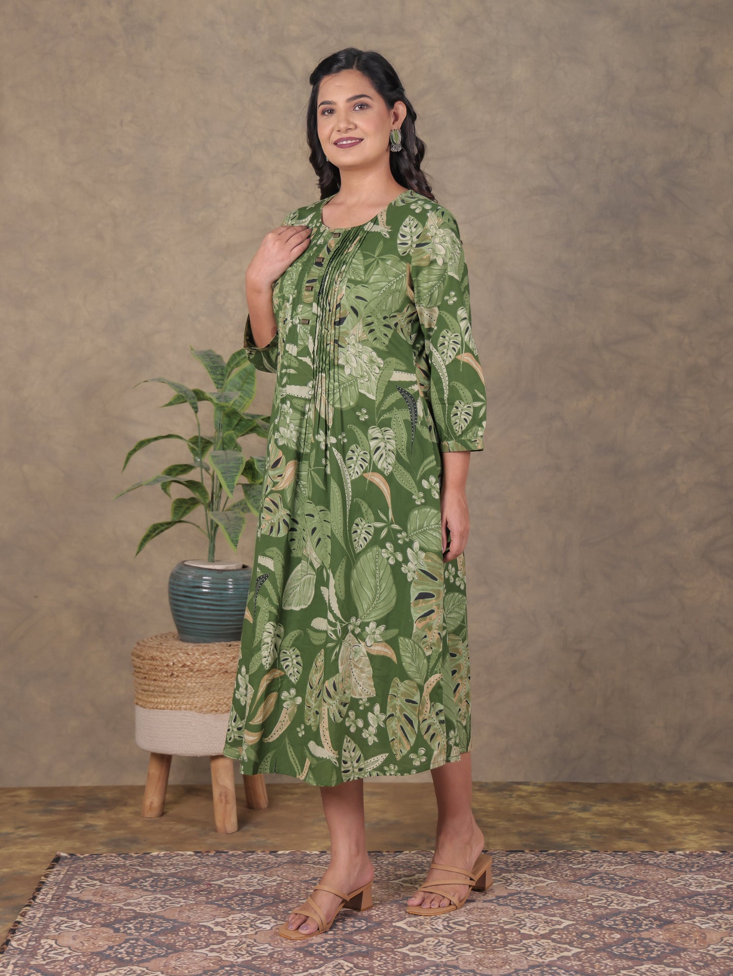 Soft Cotton Floral A-line Green Dress