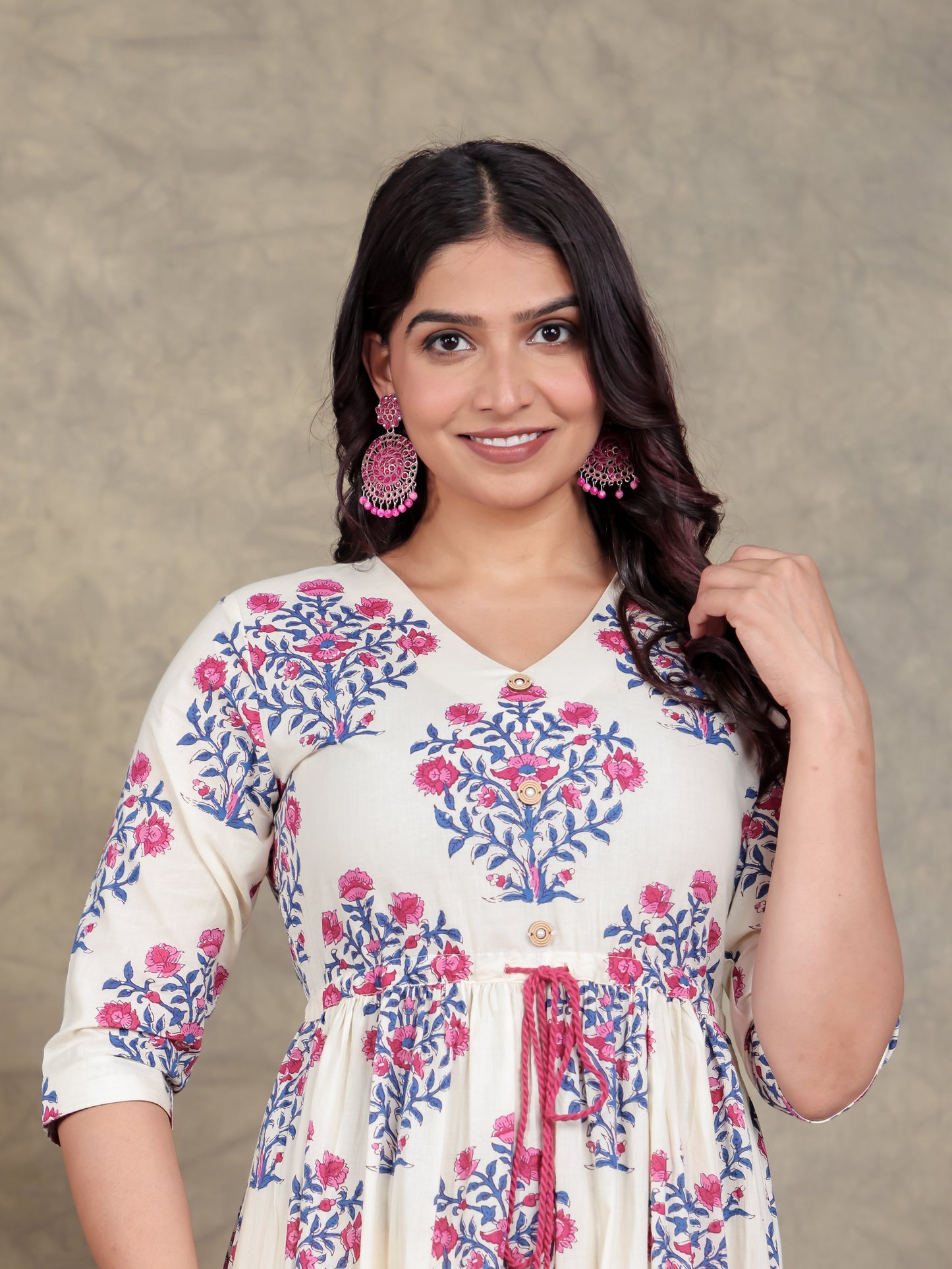 Soft Cotton Floral A-line Off White Dress
