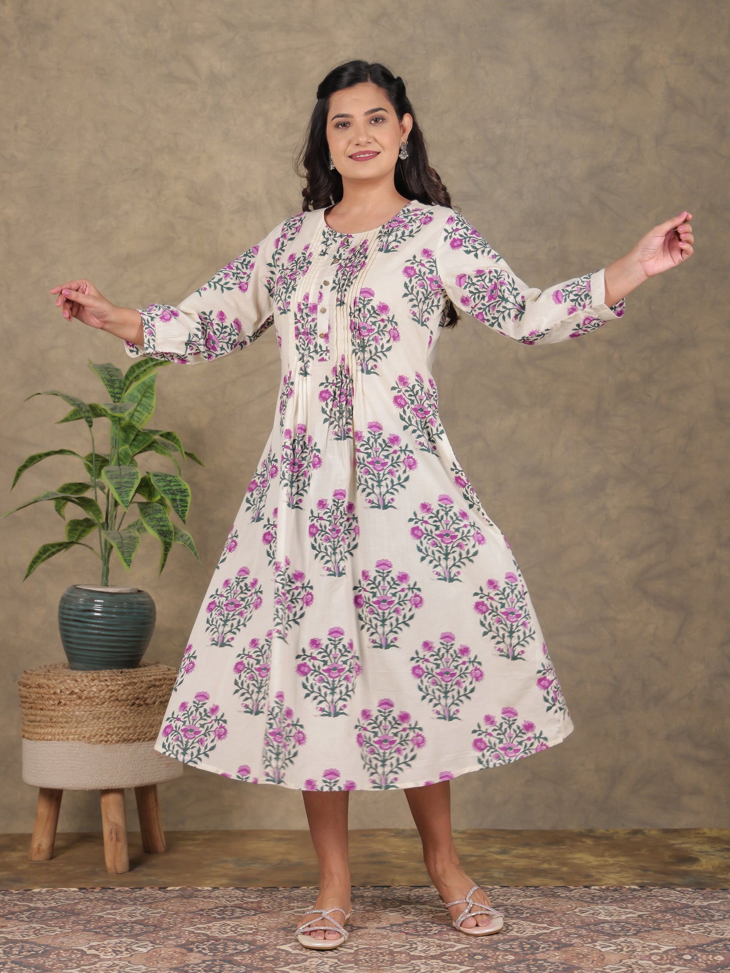Soft Cotton Floral A-line Beige Dress