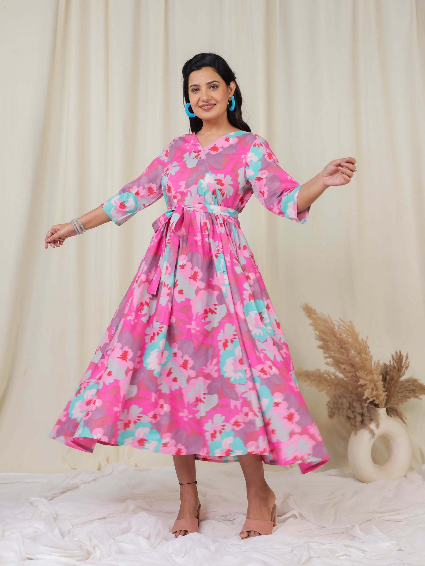 Soft Cotton Floral Angrakha Pink Dress