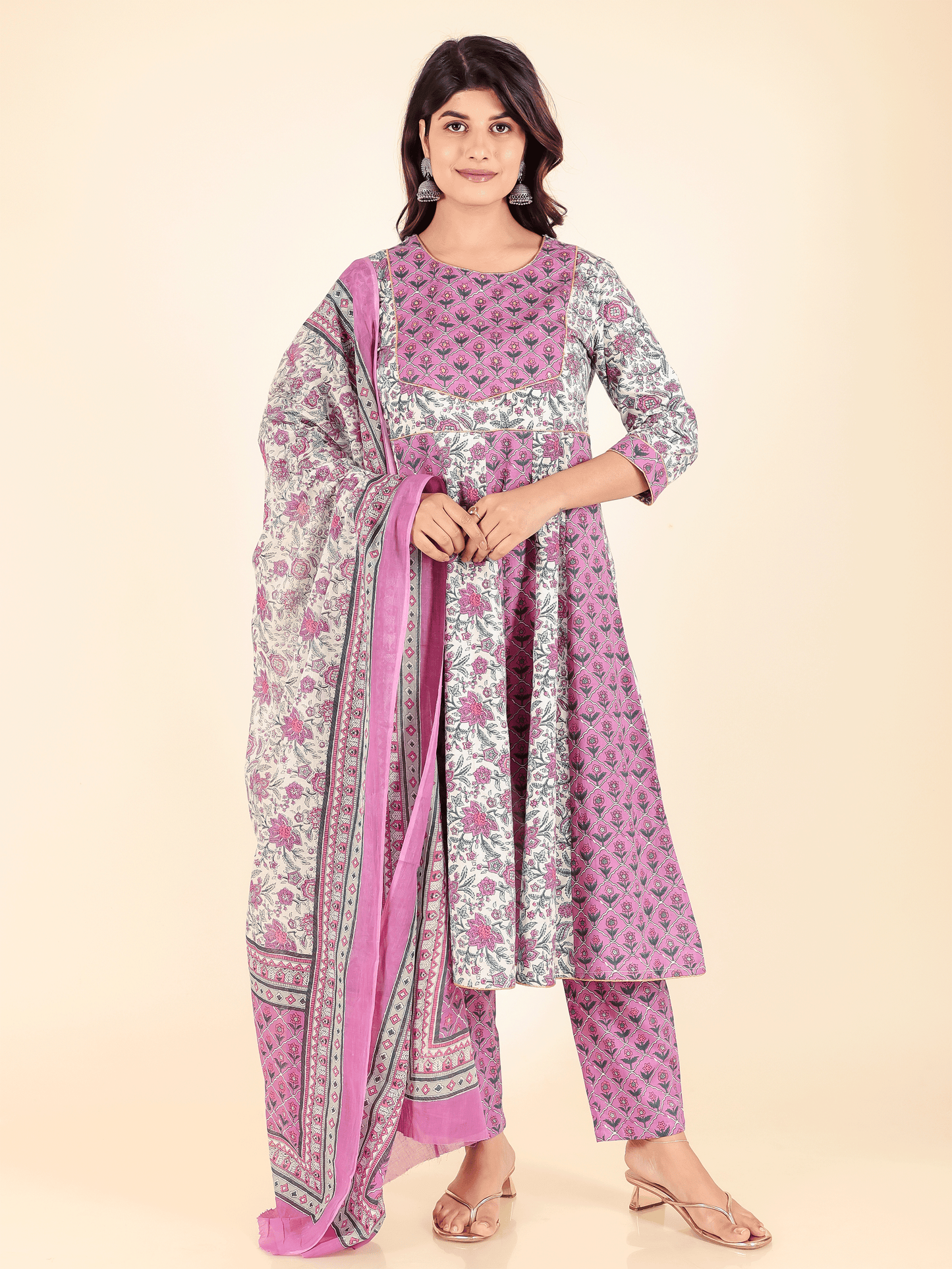 Soft Cotton Floral Anarkali Purple Kurta