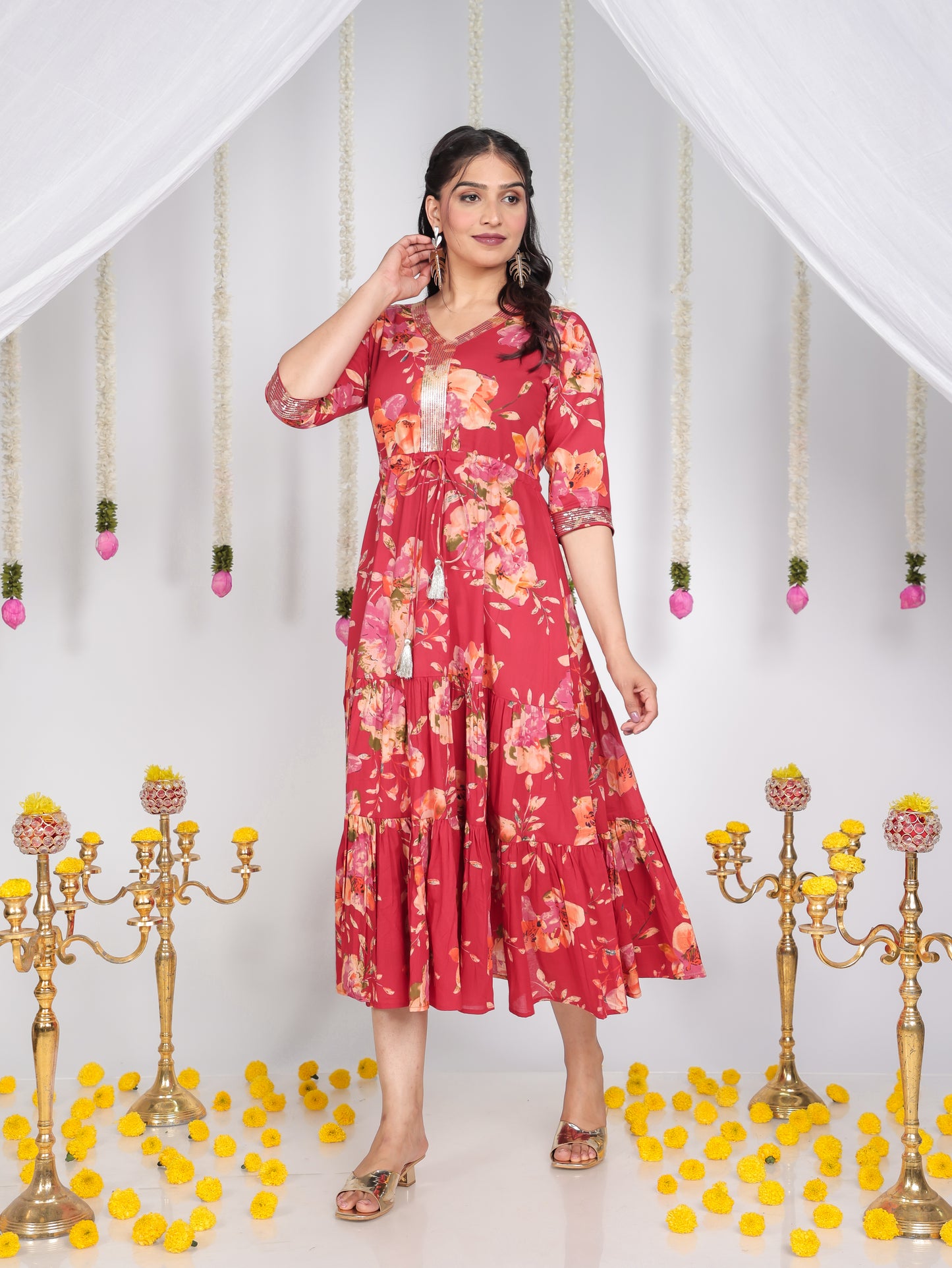 Soft Cotton Floral A-line Red Dress