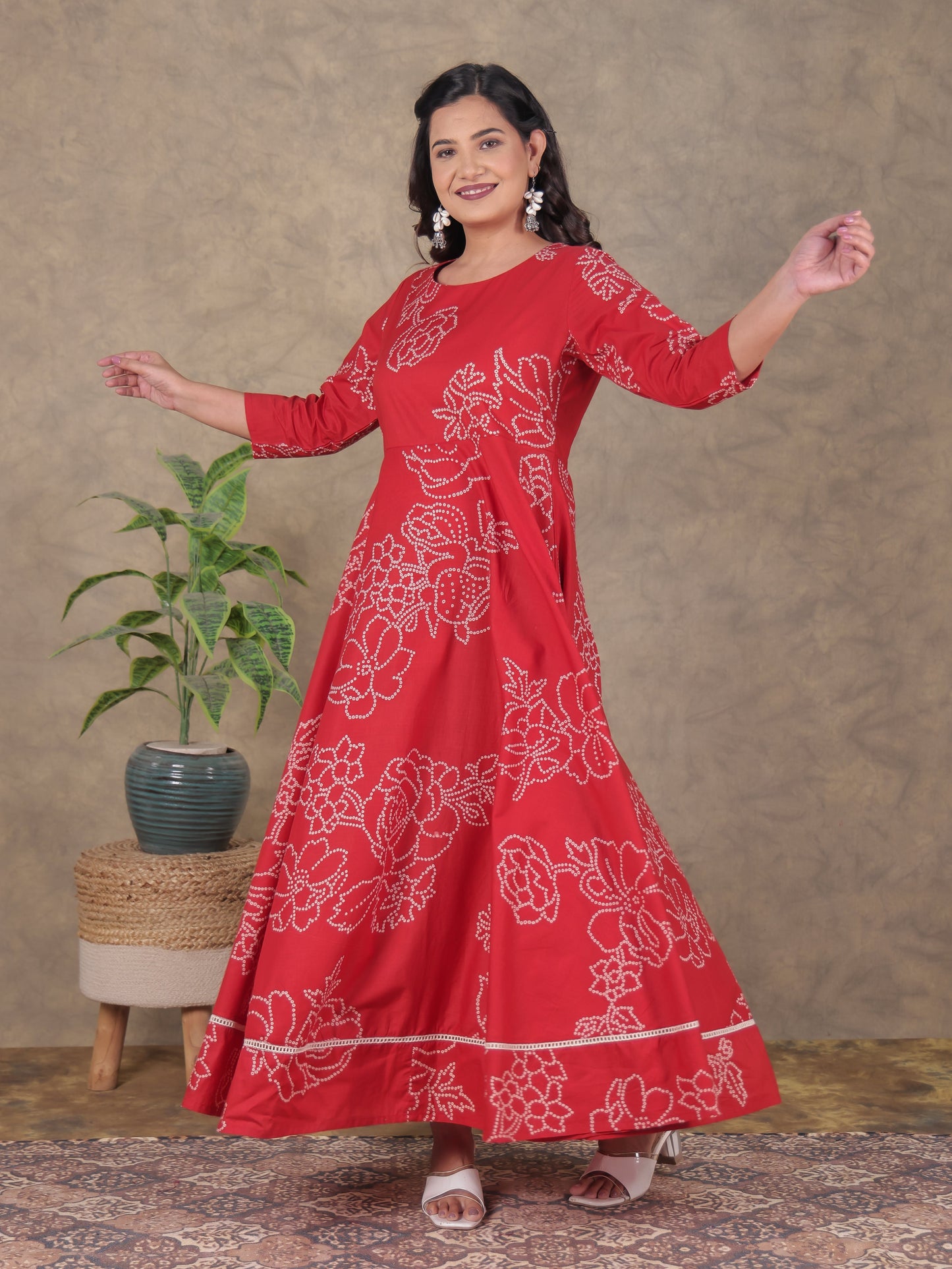 Soft Cotton Bandhani Anarkali Orange Dress