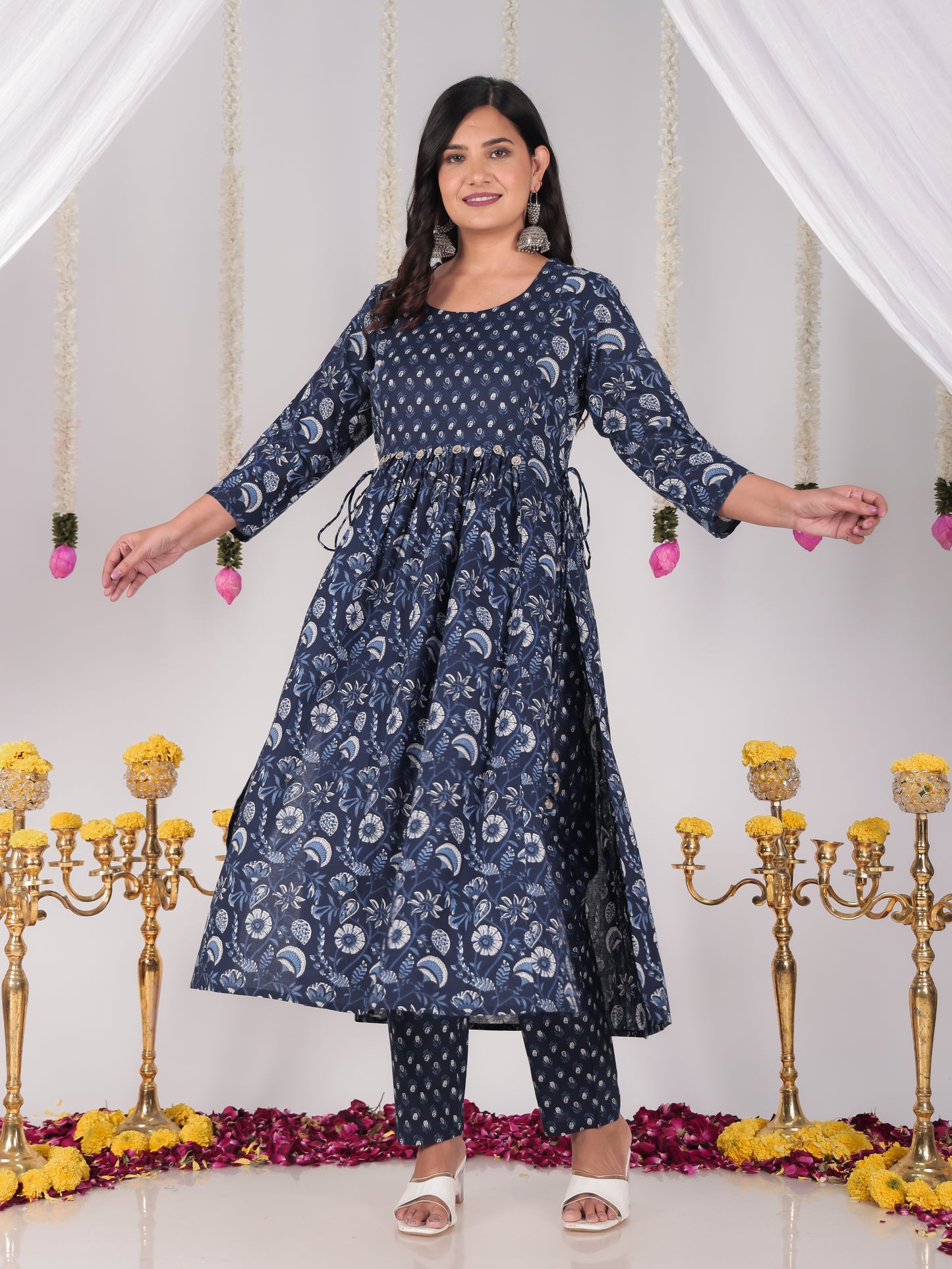 Soft Cotton Floral Flared Blue Kurta