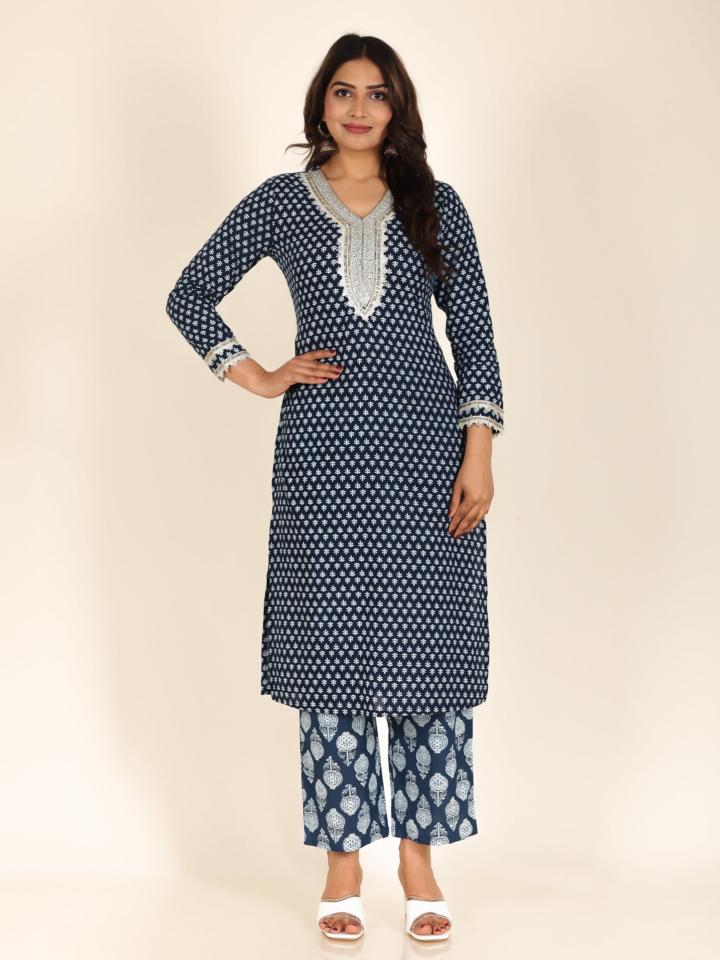 Soft Cotton Floral Straight Blue Kurta