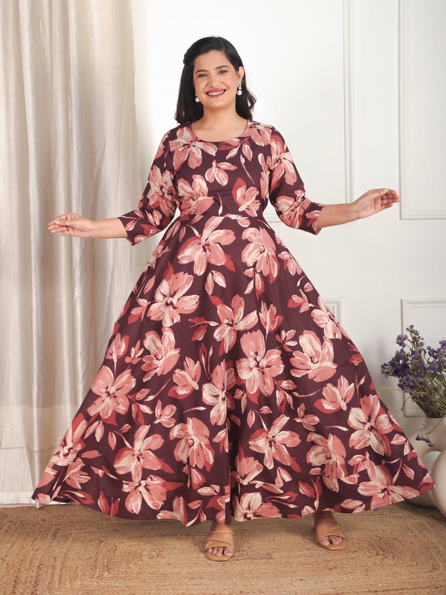 Soft Cotton Floral Anarkali Brown Dress