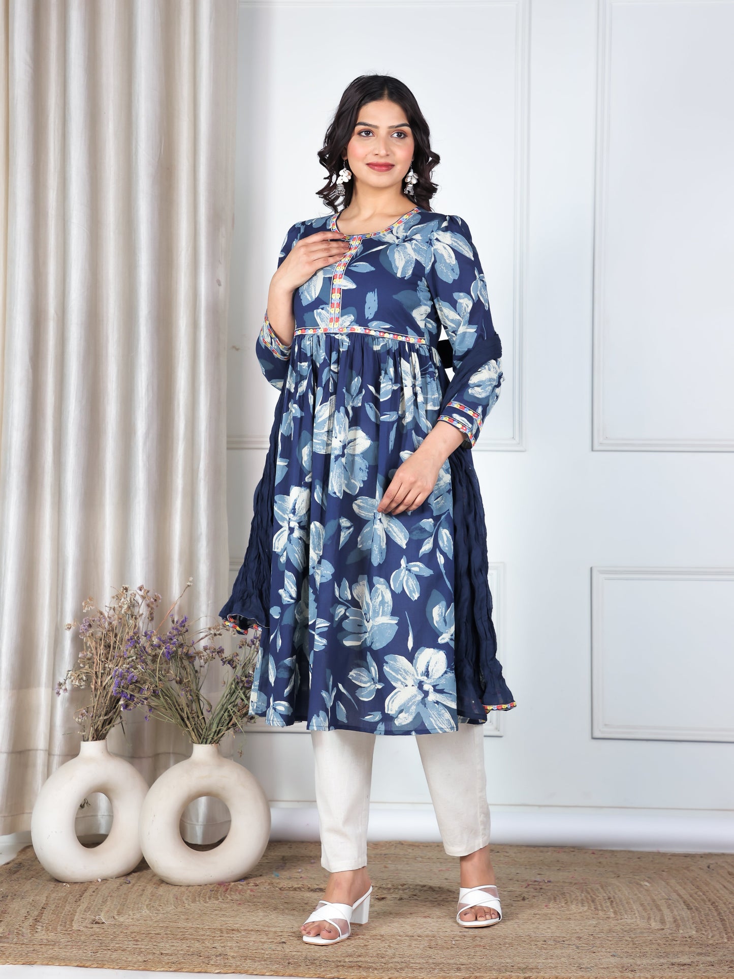 Embroidered Cotton Voile Solid Blue Dupatta