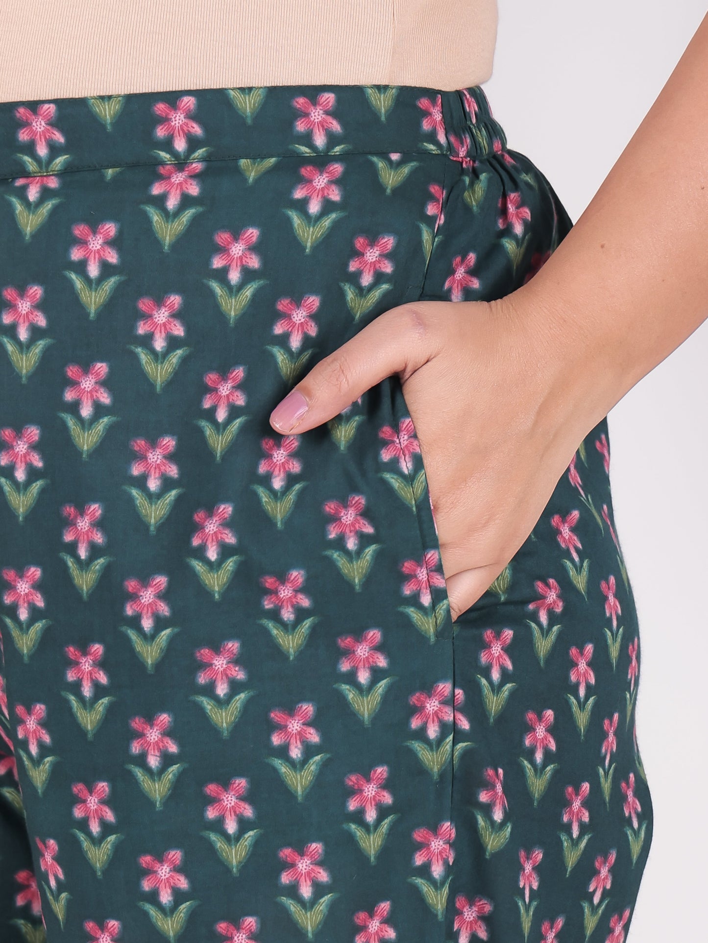 Soft Cotton Floral Green Tapered Trousers