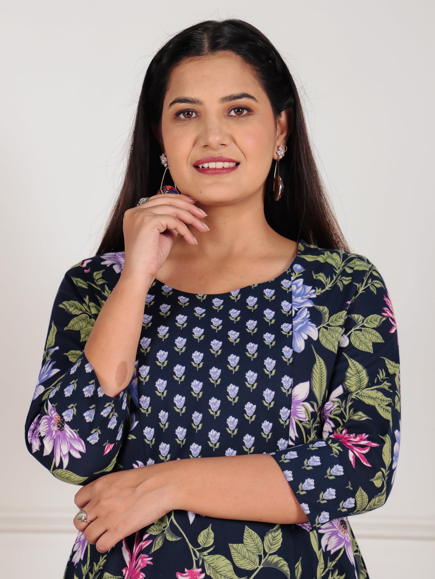 Soft Cotton Floral Anarkali Blue Kurta
